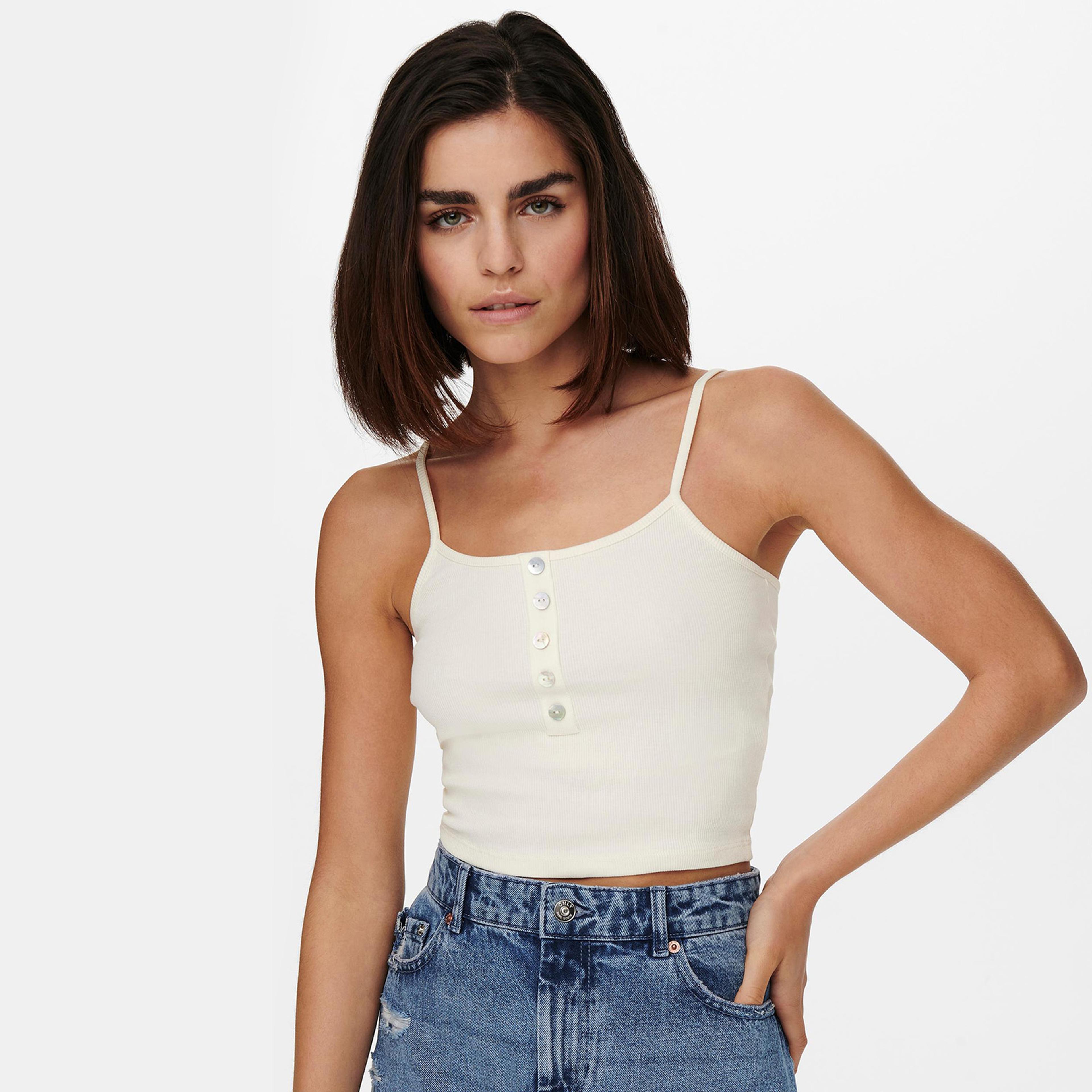 Only Onlnessa Life Short Button Top Jrs Kadın Beyaz T-Shirt