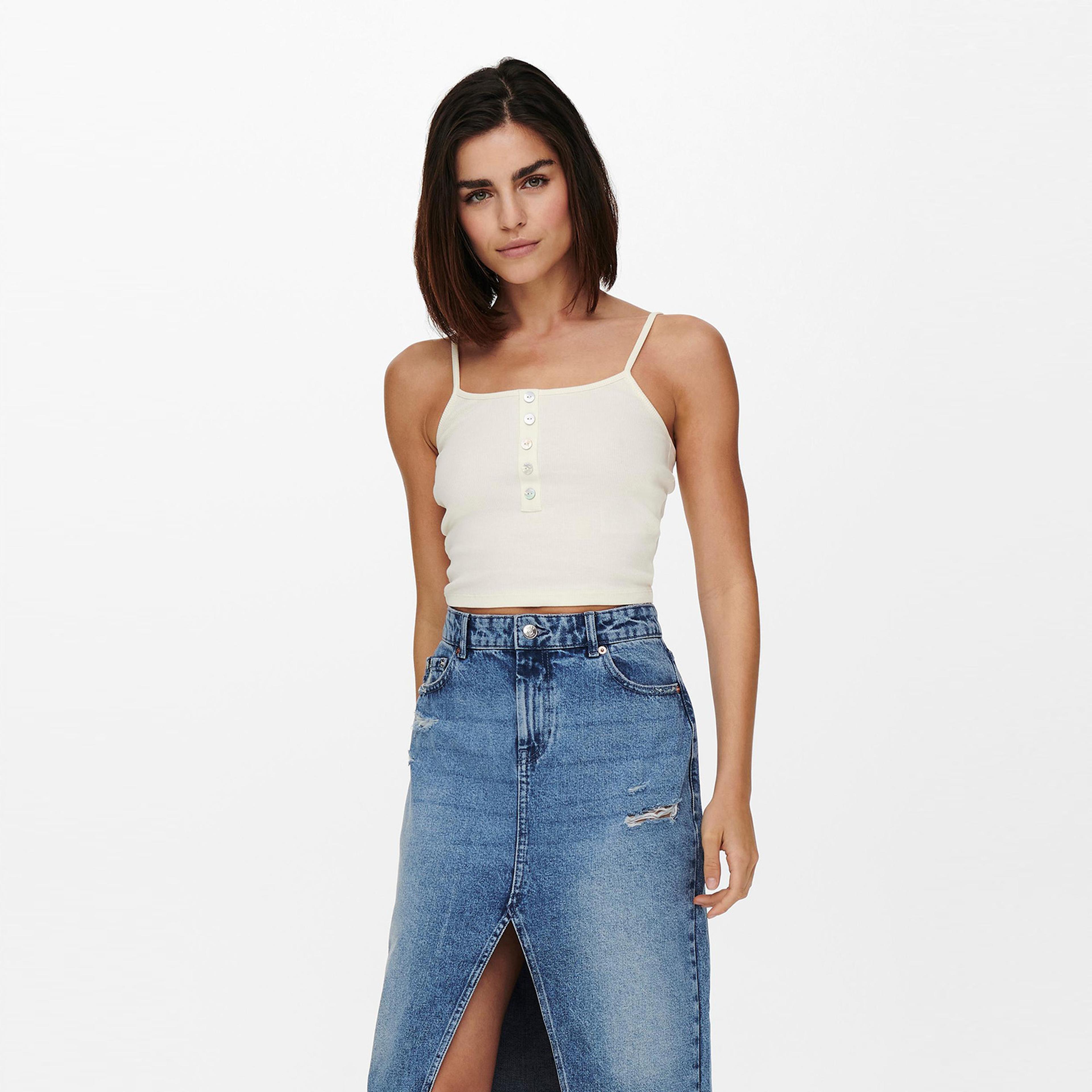 Only Onlnessa Life Short Button Top Jrs Kadın Beyaz T-Shirt