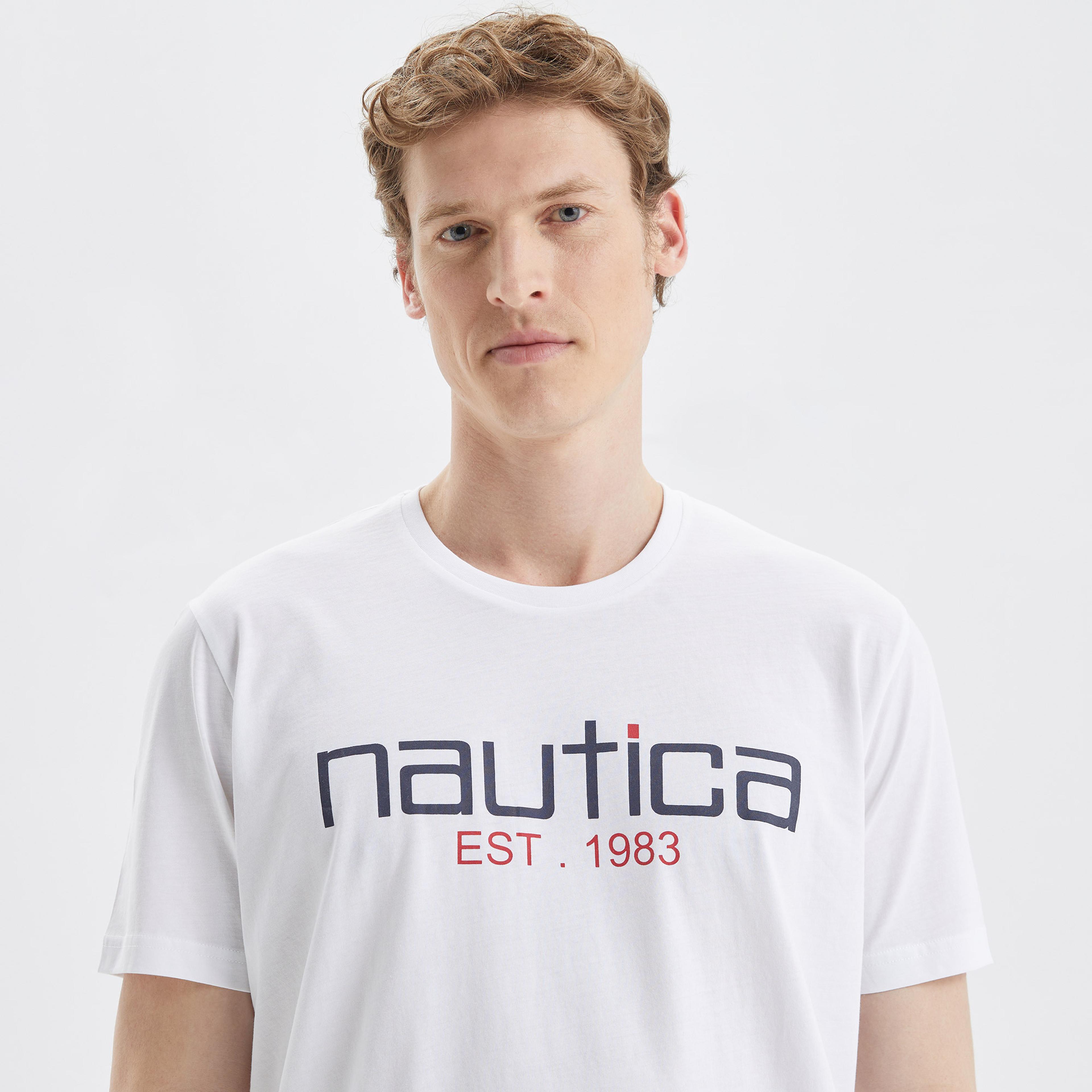 Nautica Erkek Beyaz Standart Fit Desenli T-Shirt