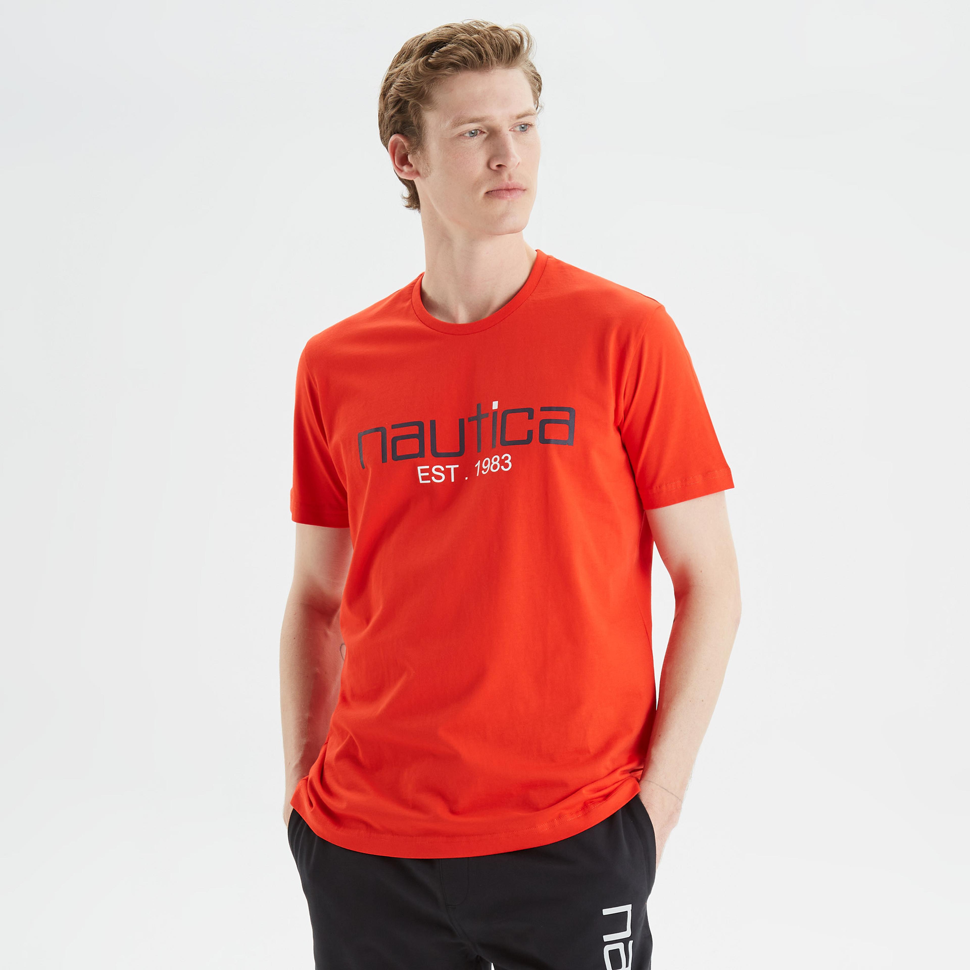 Nautica Erkek Kırmızı Standart Fit Desenli T-Shirt