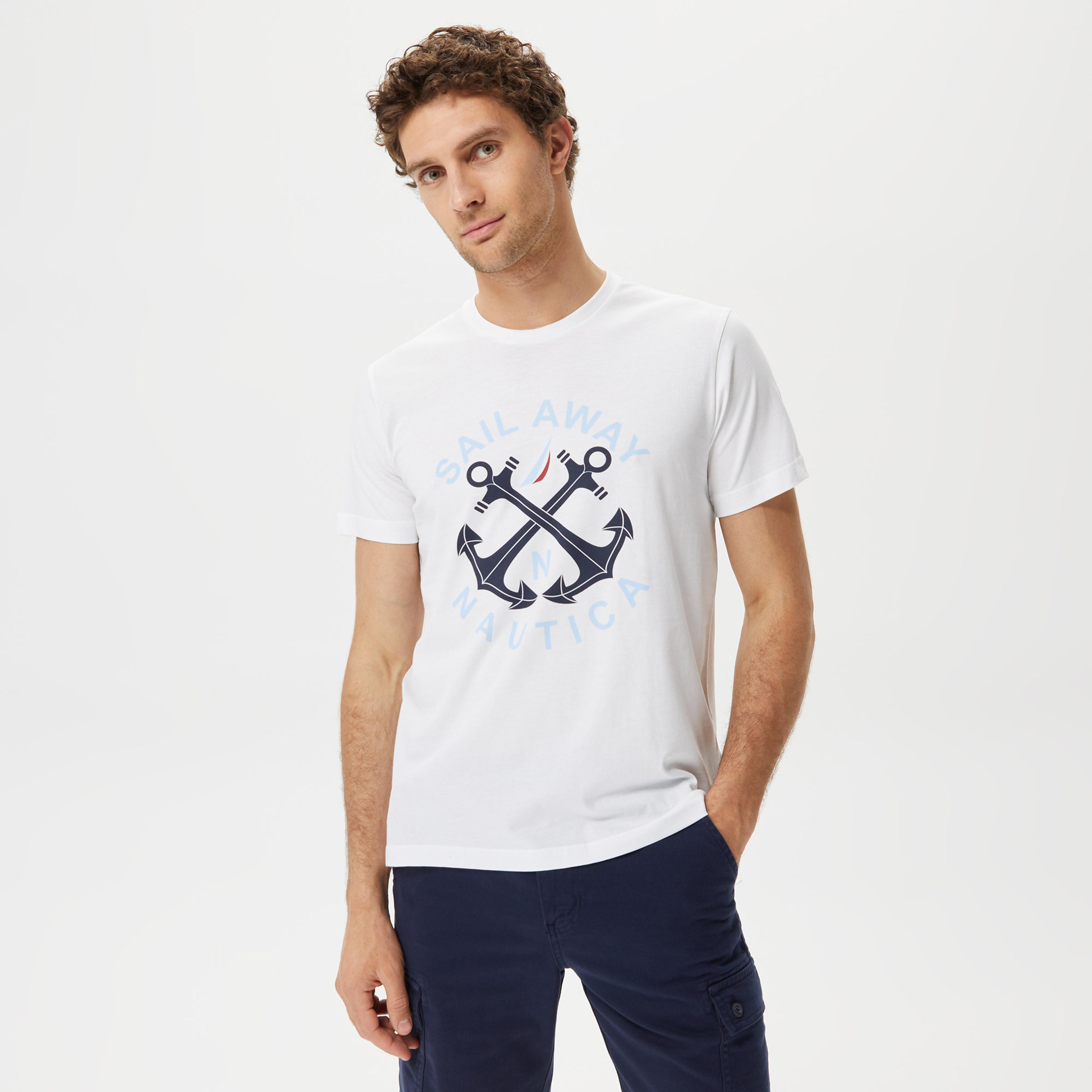 Nautica Erkek Beyaz Desenli Standart Fit T-Shirt