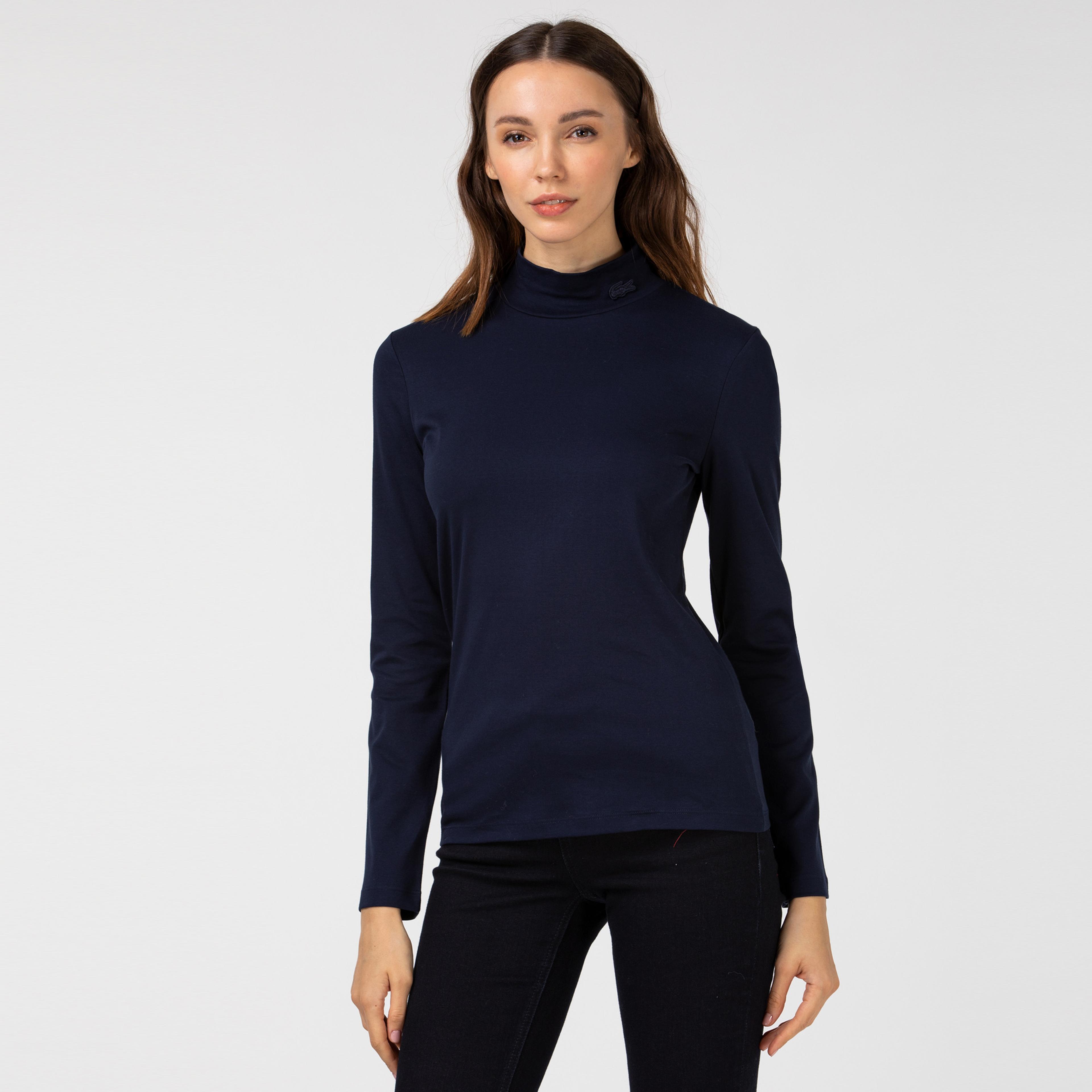 Lacoste Kadın Slim Fit Uzun Kollu Dik Yaka Lacivert T-Shirt
