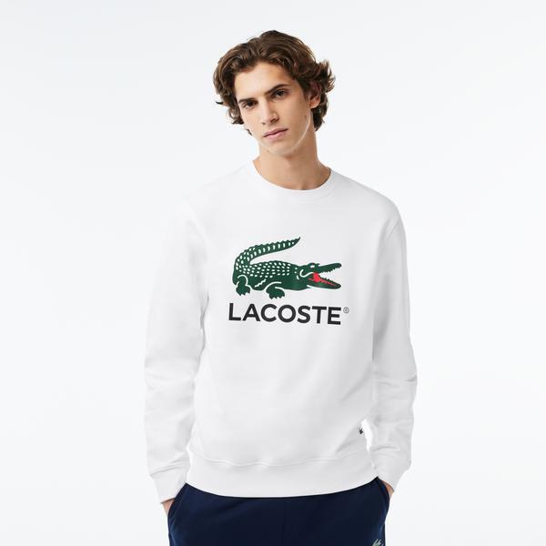 Lacoste Classic Erkek Classic Fit Bisiklet Yaka Baskılı Beyaz Sweatshirt