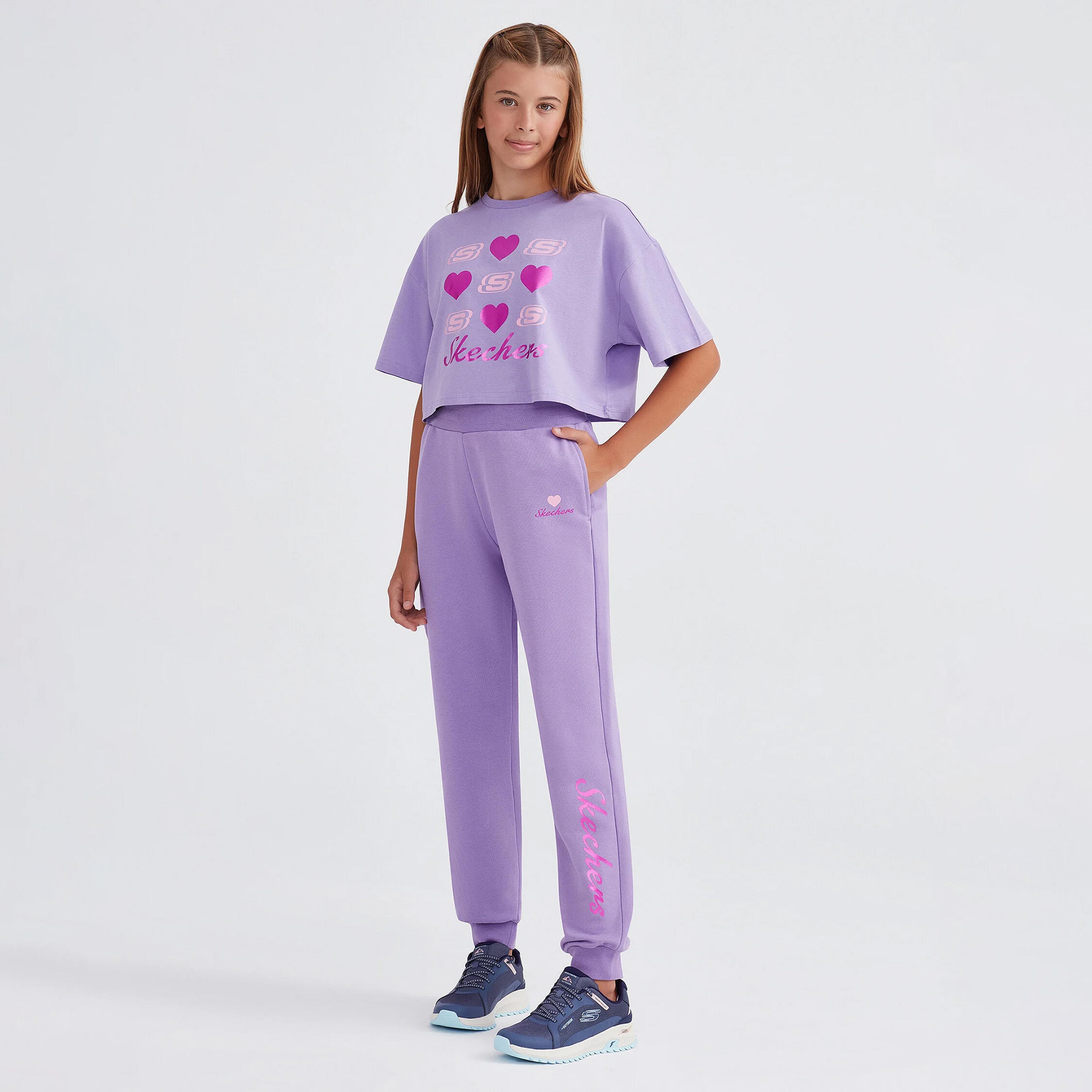 Skechers Heavy Weight Fleece Printed Çocuk Mor Eşofman Takımı