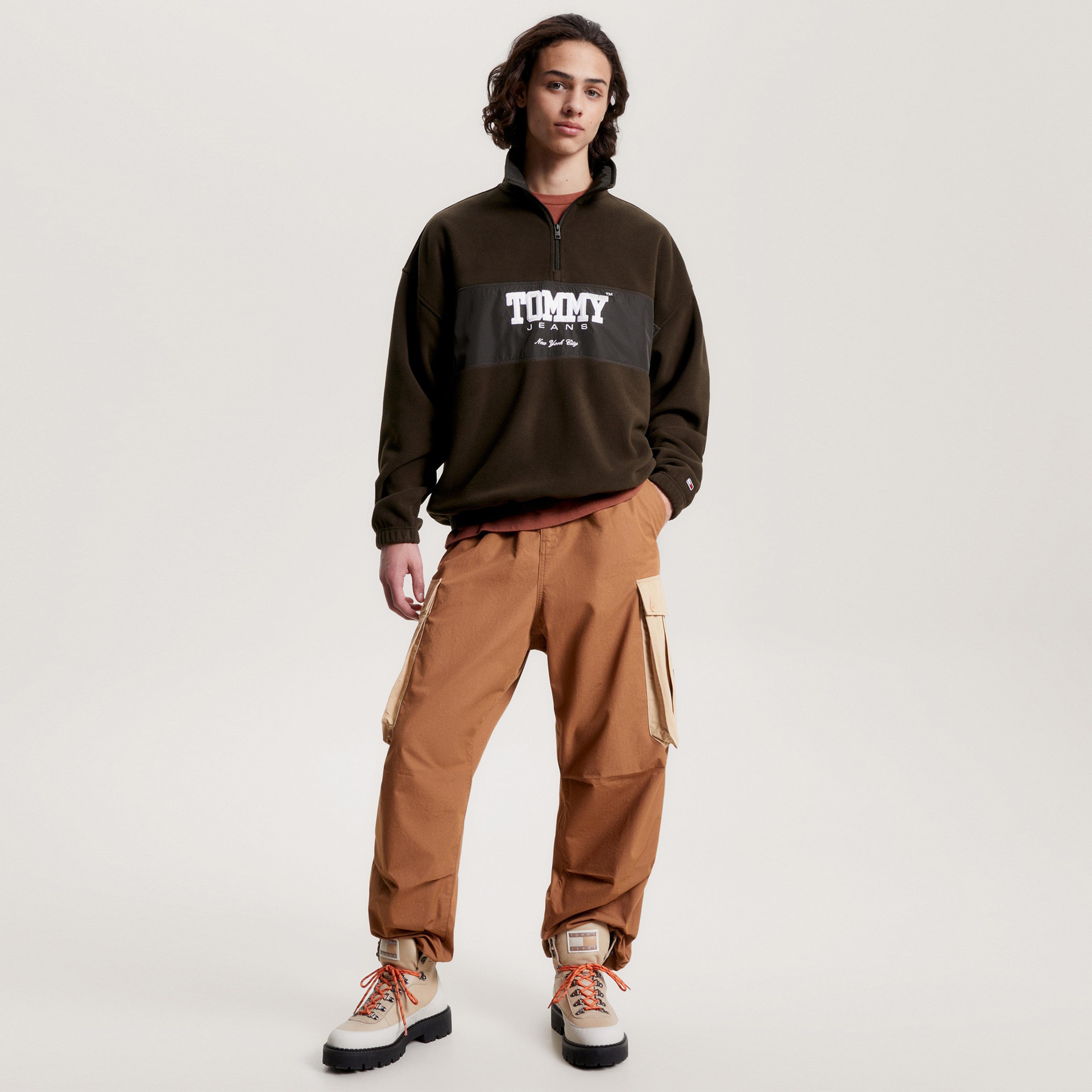 Tommy Jeans Oversize Fabric Mix /2 Zip Polar Erkek Kahverengi Sweatshirt