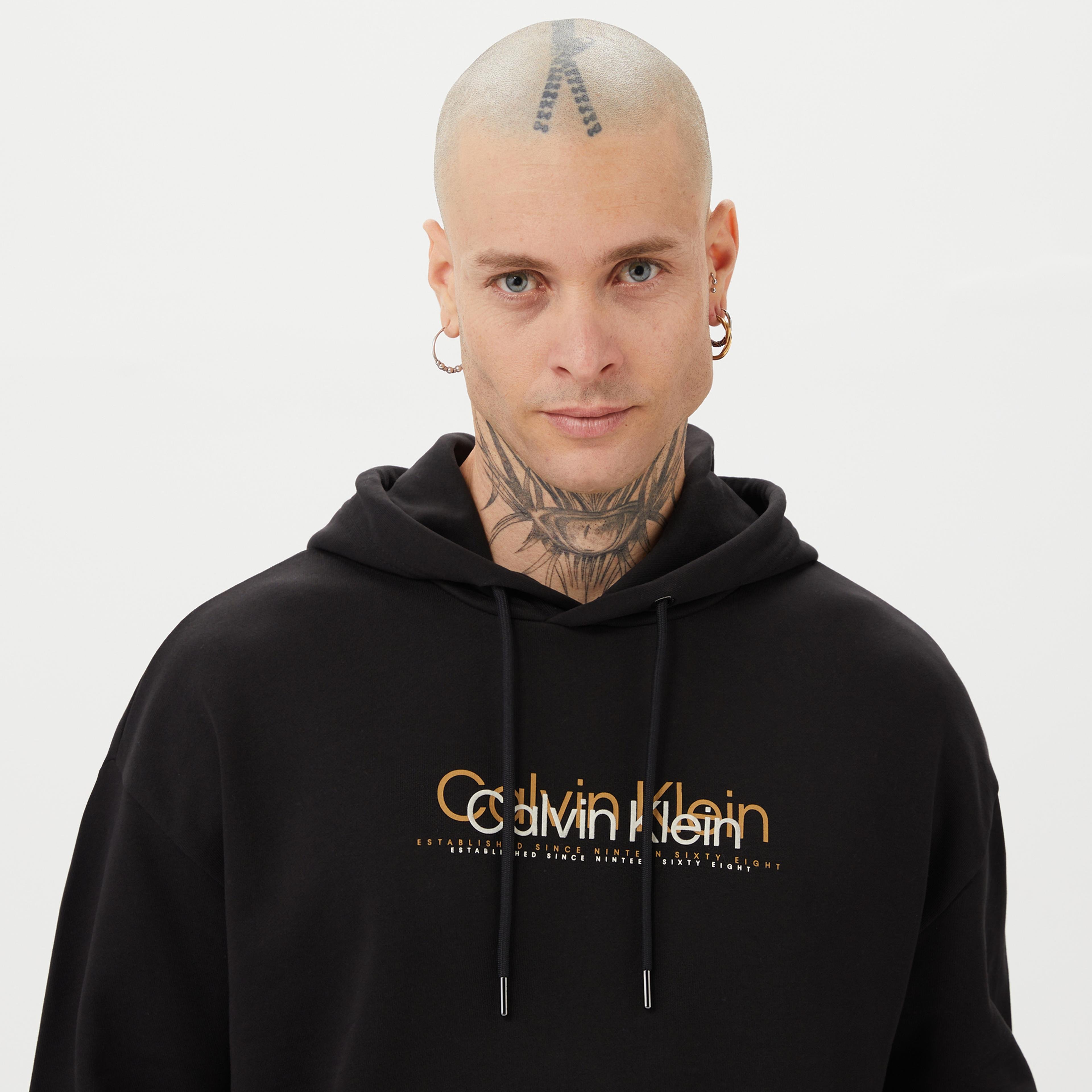 Calvin Klein Double Flock Logo Erkek Siyah Sweatshirt