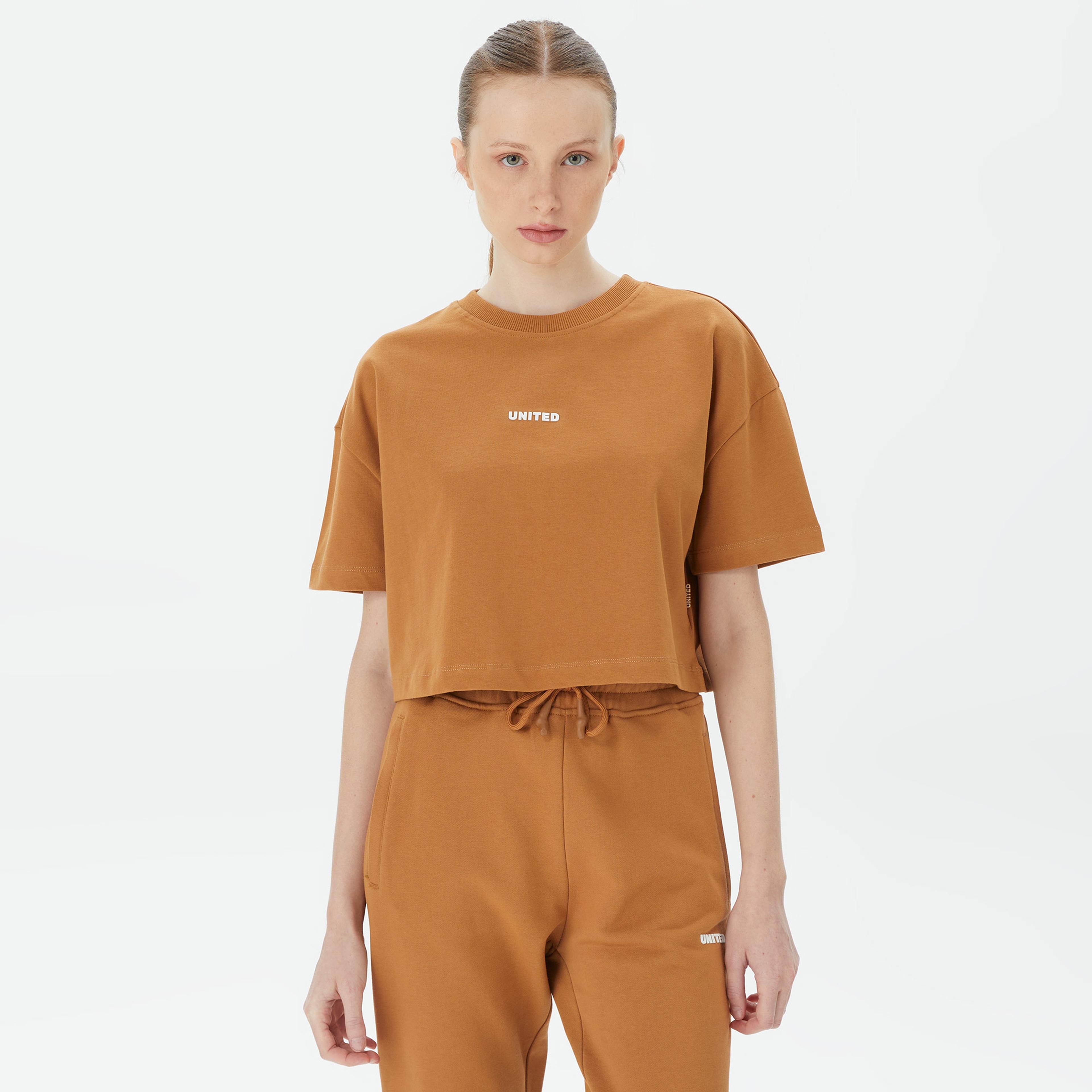 UNITED4 Classic Kadın Kahverengi Crop T-Shirt