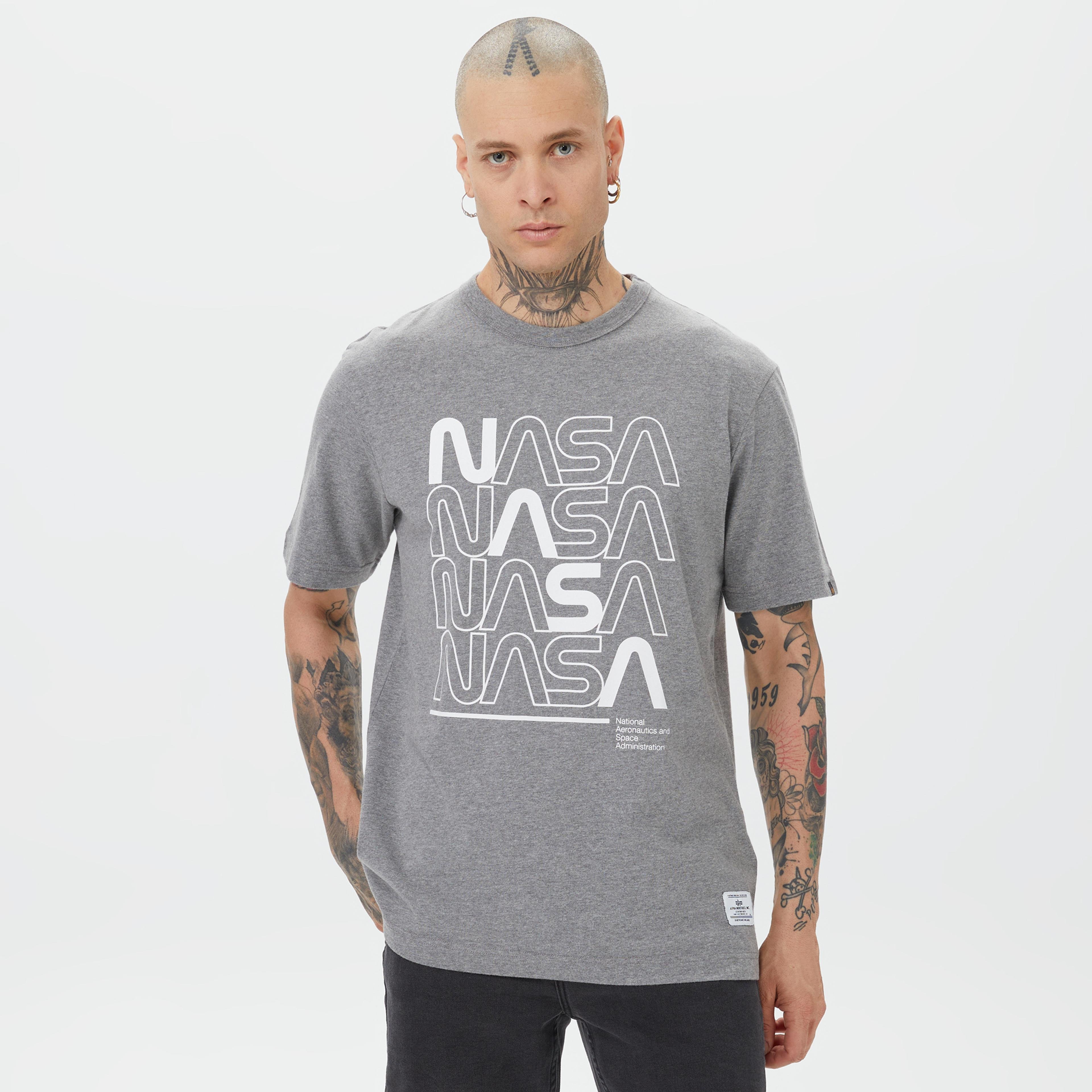 Alpha Industries Nasa Logo Print  Erkek Gri T-Shirt
