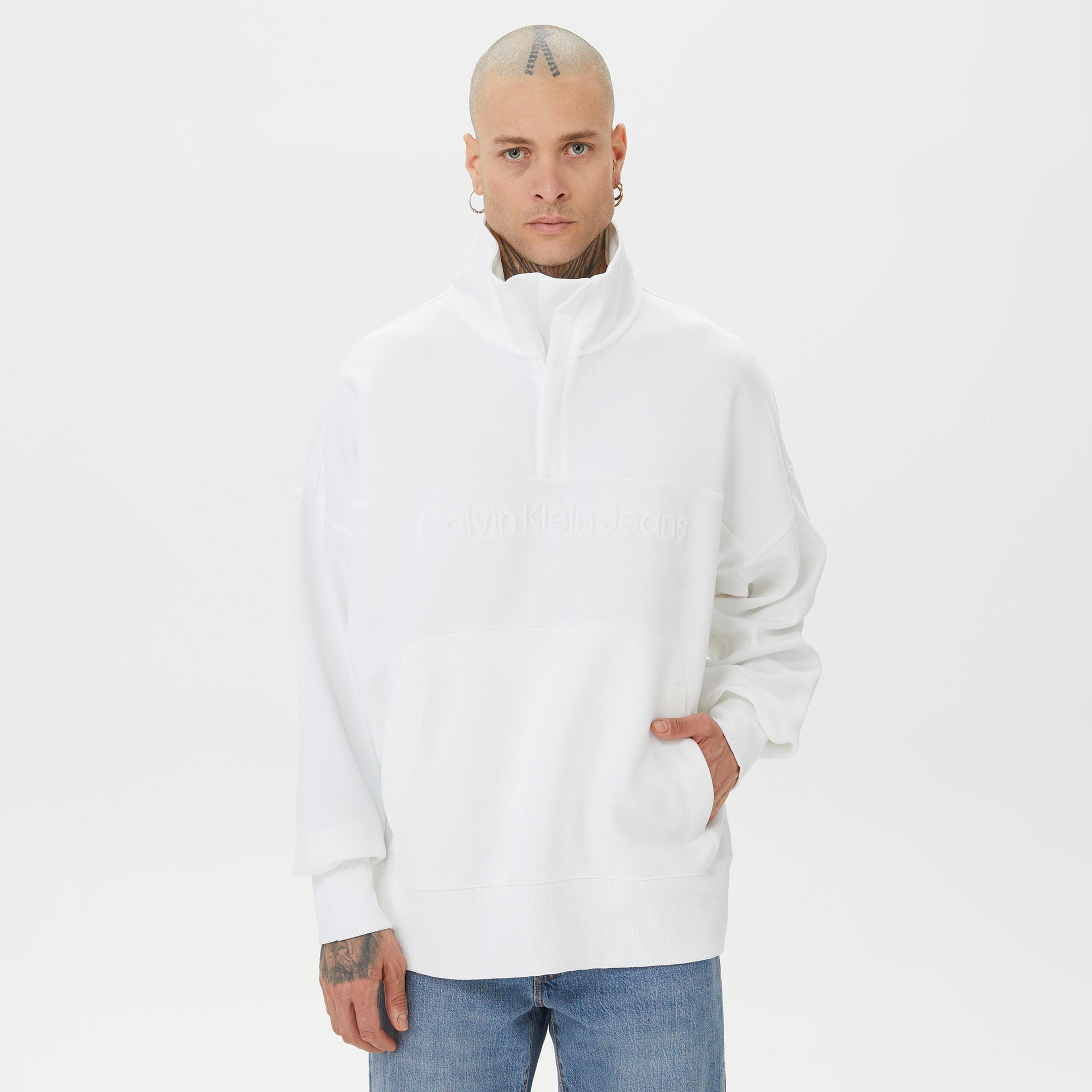 Calvin Klein Jeans Institutional Embossed Half Zip Erkek Beyaz Sweatshirt