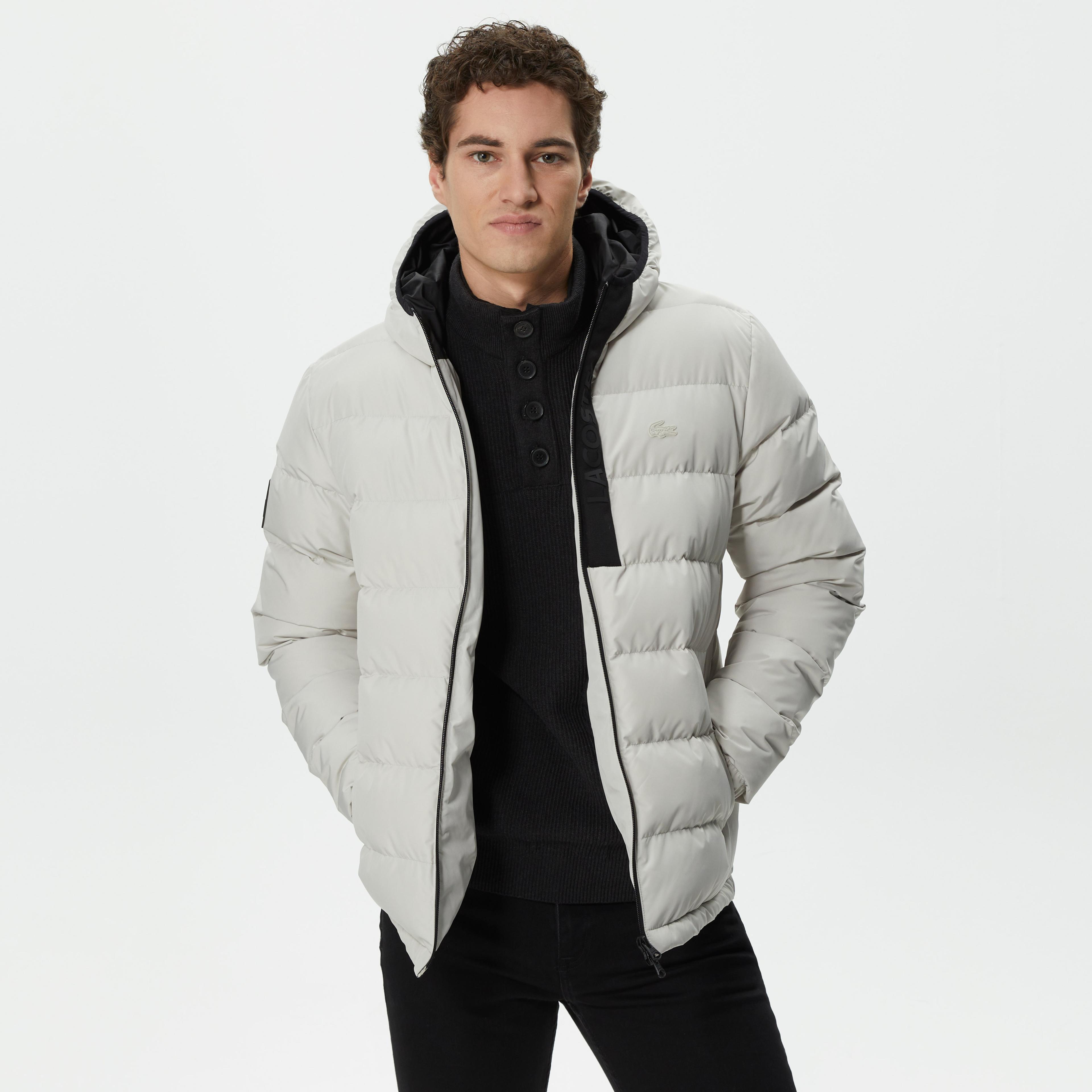 Lacoste Erkek Kapüşonlu Kapitone Açık Gri Mont