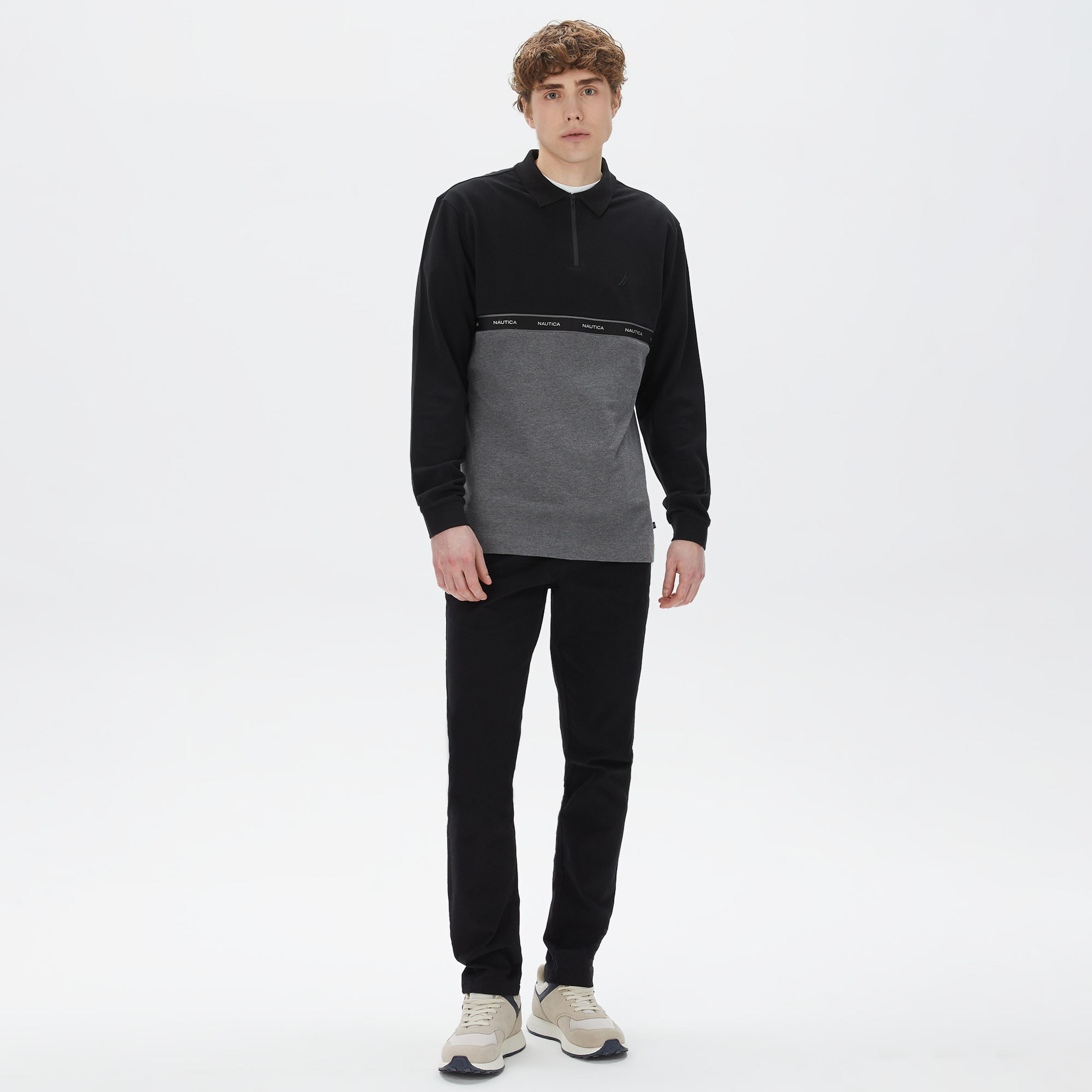 Nautica Erkek Gri Classic Fit Uzun Kollu Polo