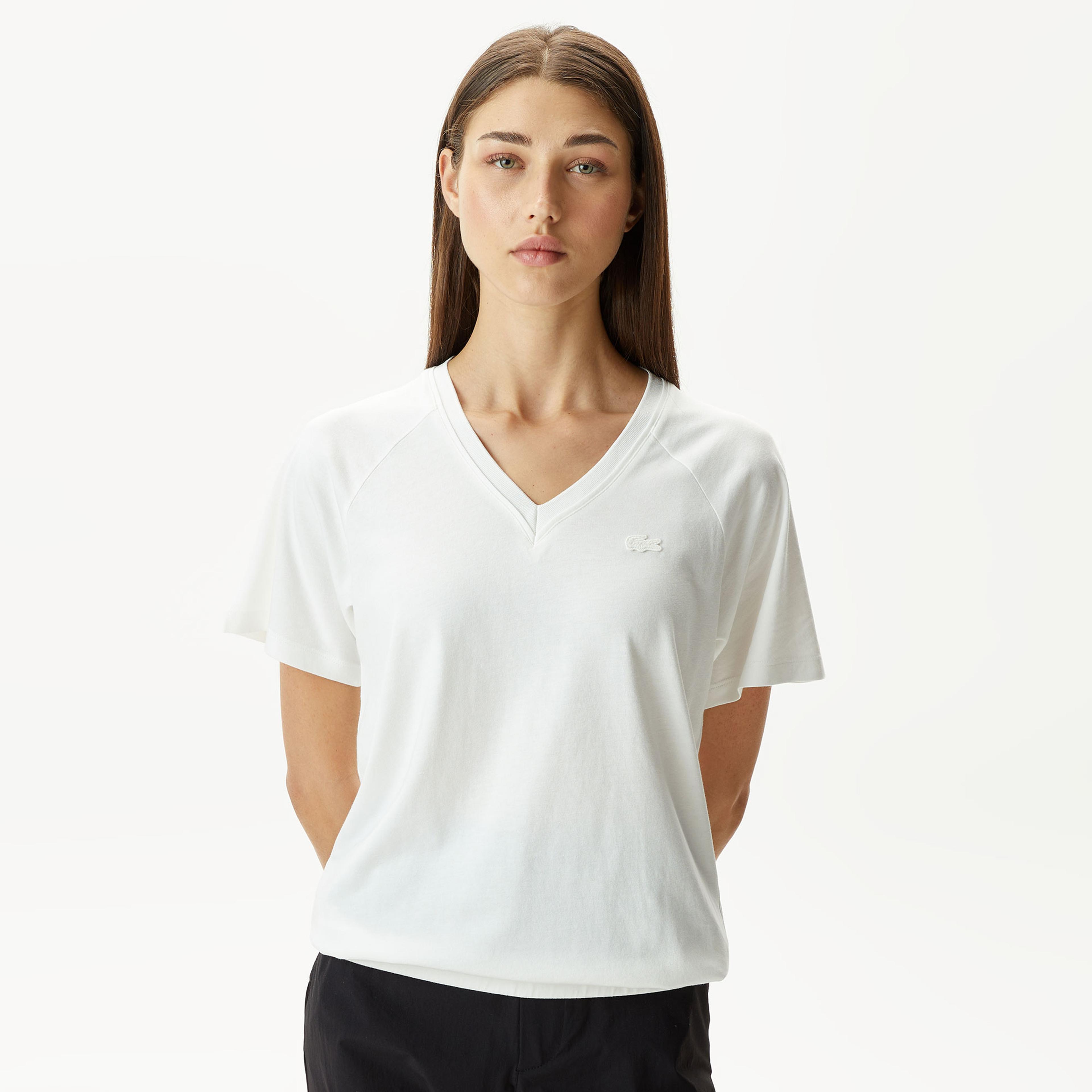 Lacoste Kadın Relaxed Fit V Yaka Beyaz T-Shirt