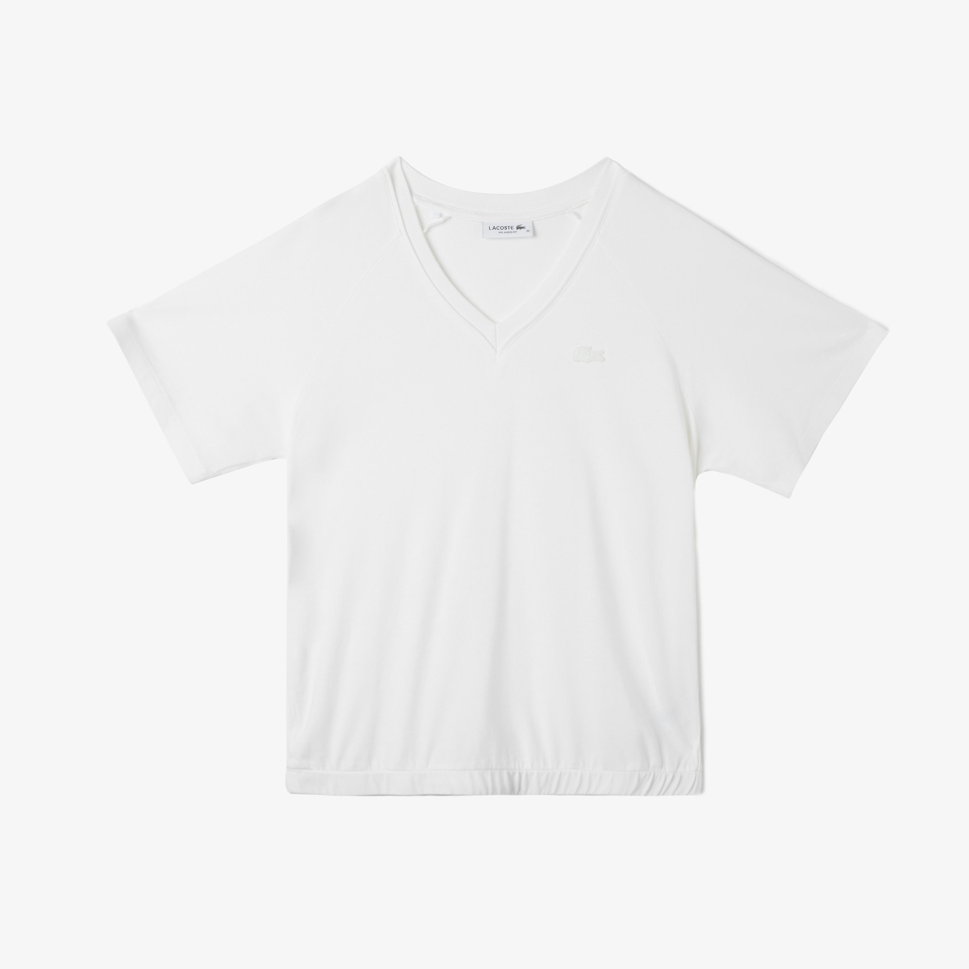 Lacoste Kadın Relaxed Fit V Yaka Beyaz T-Shirt