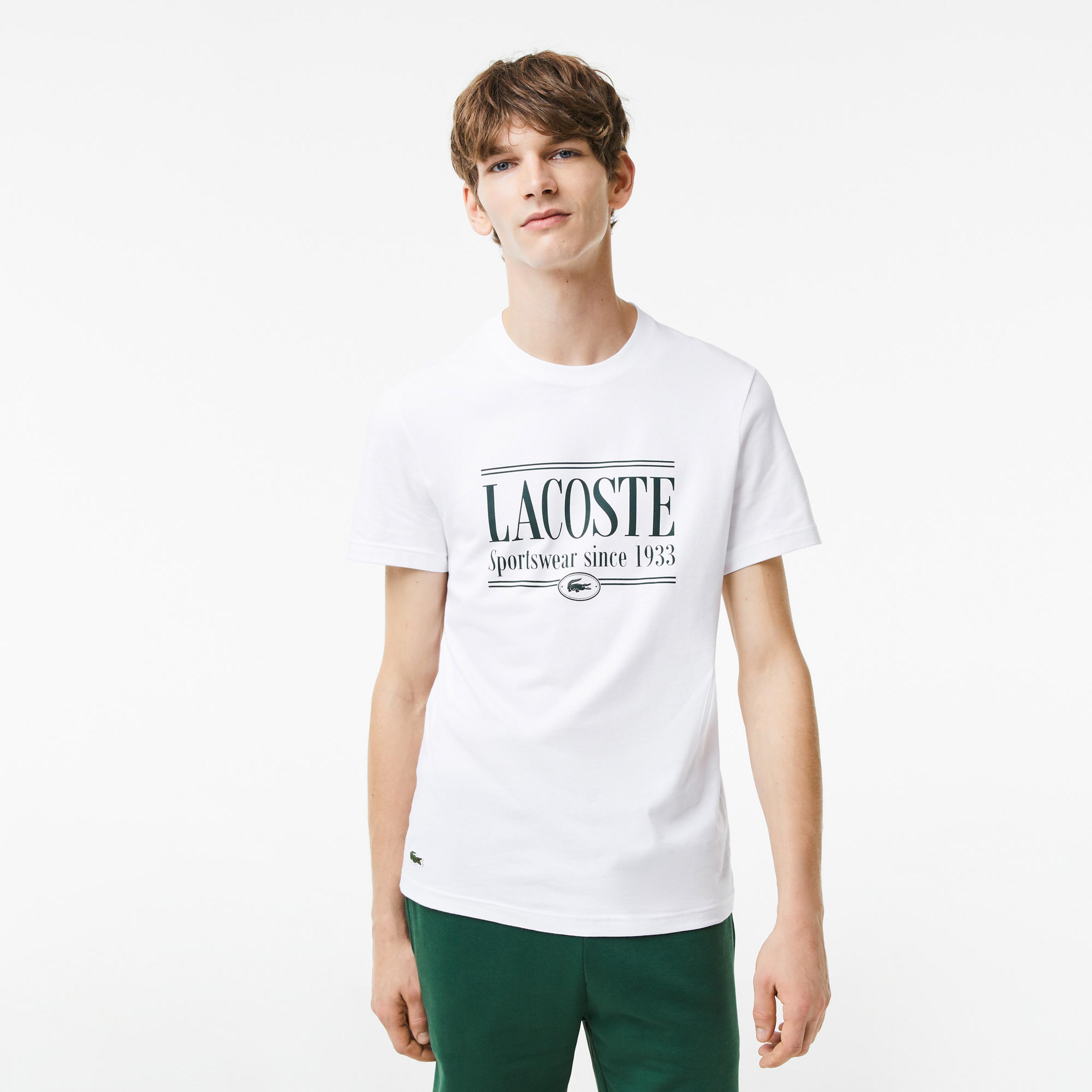 Lacoste Erkek Regular Fit Bisiklet Yaka Baskılı Beyaz T-Shirt