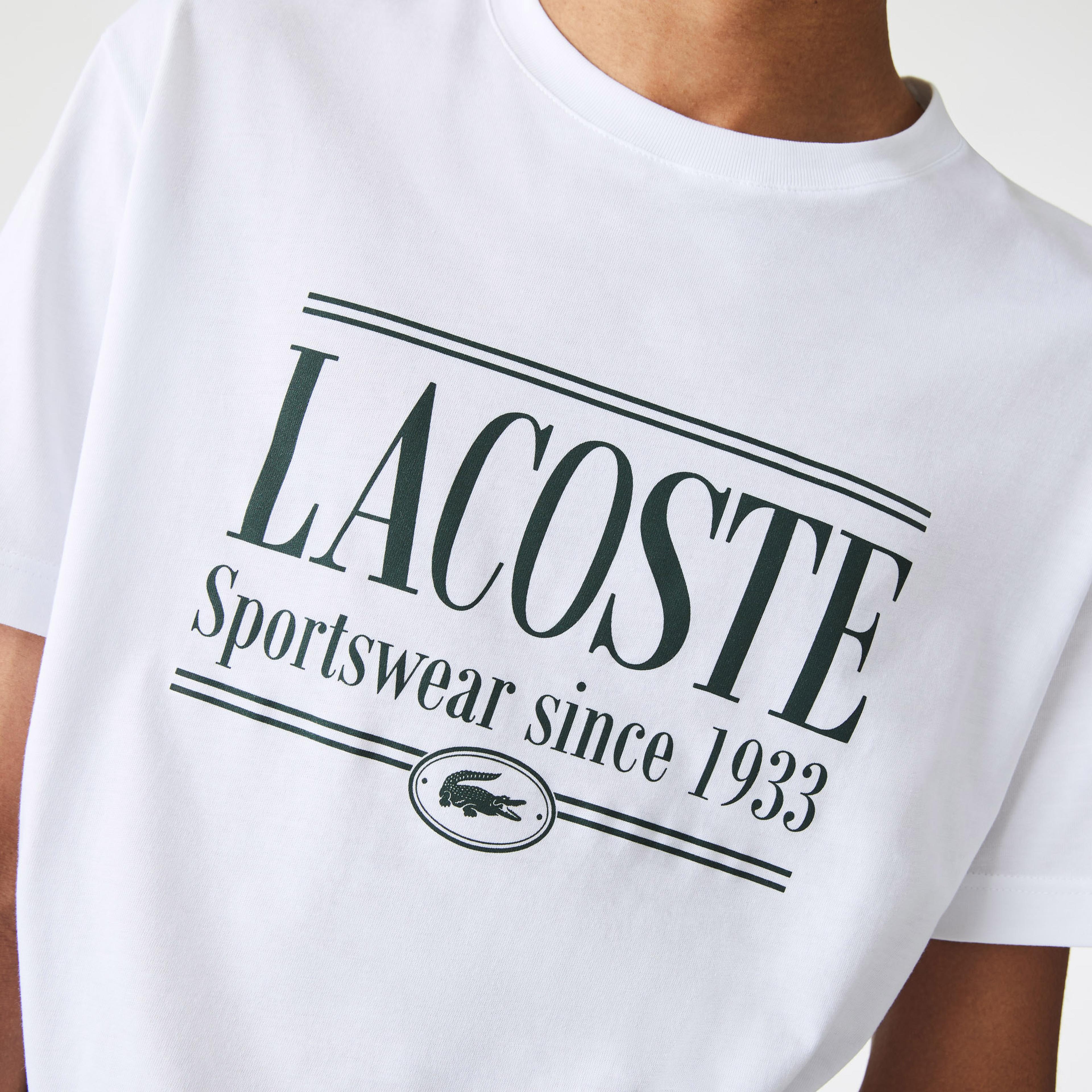 Lacoste Erkek Regular Fit Bisiklet Yaka Baskılı Beyaz T-Shirt