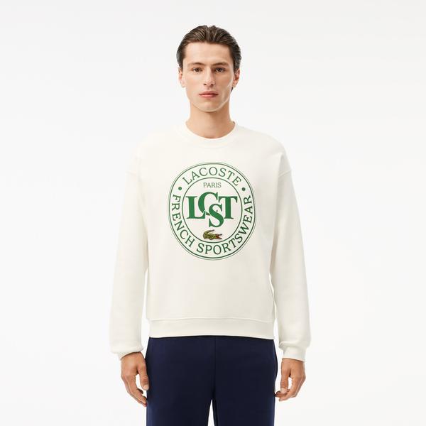 Loose Fit Printed Fleece Unisex Krem Sweatshirt