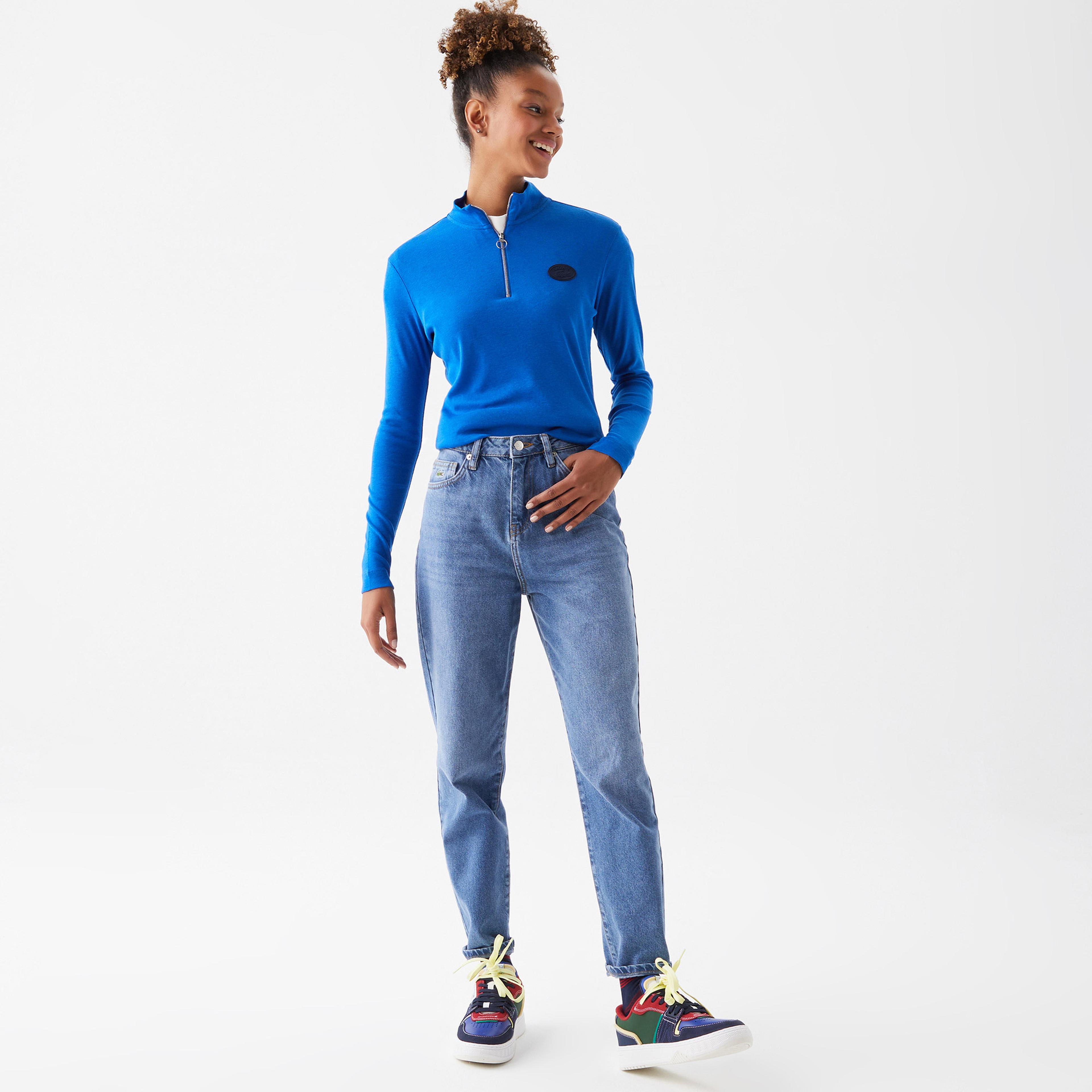 Lacoste Holiday Kadın Slim Fit Uzun Kollu Yarım Fermuarlı Mavi Polo