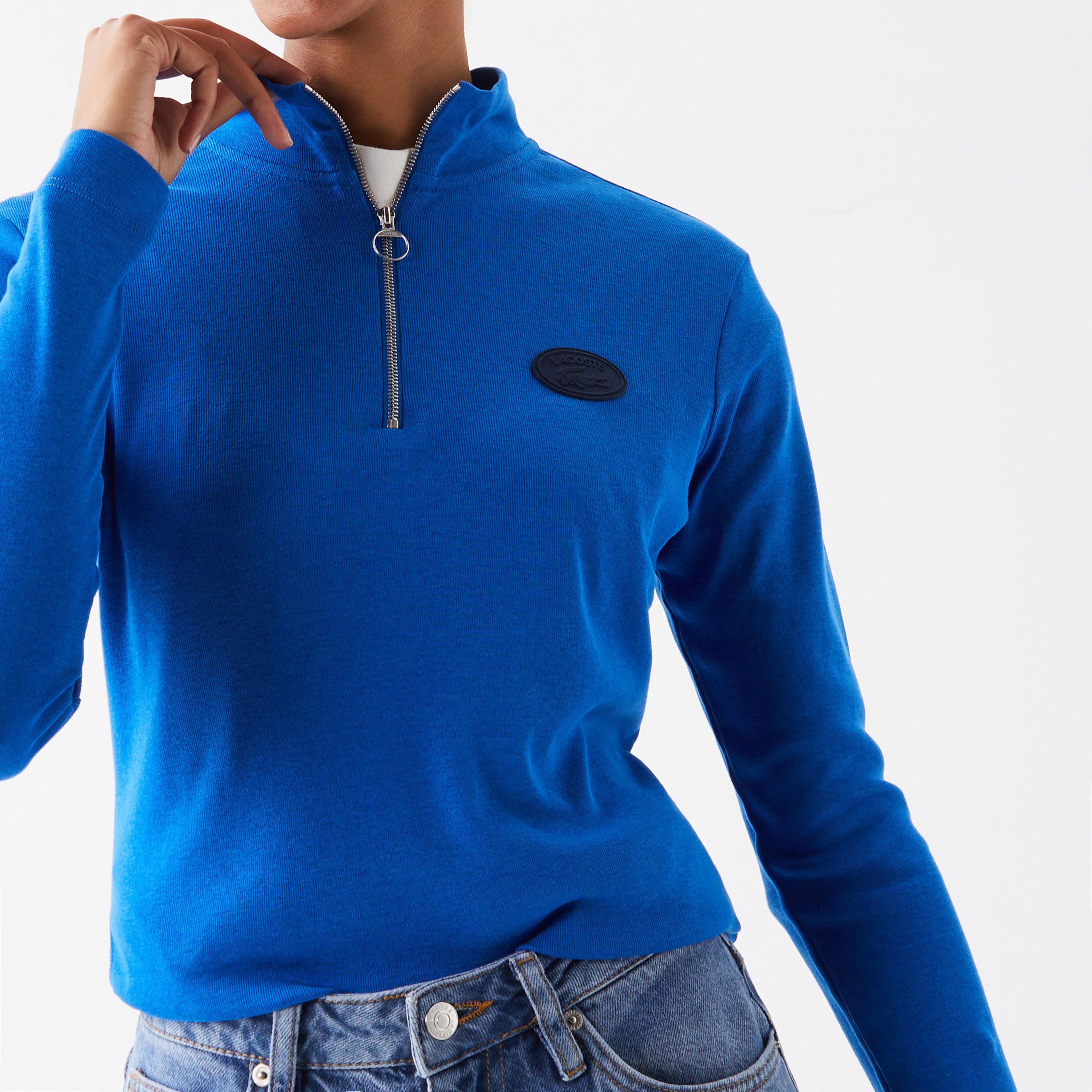 Lacoste Holiday Kadın Slim Fit Uzun Kollu Yarım Fermuarlı Mavi Polo