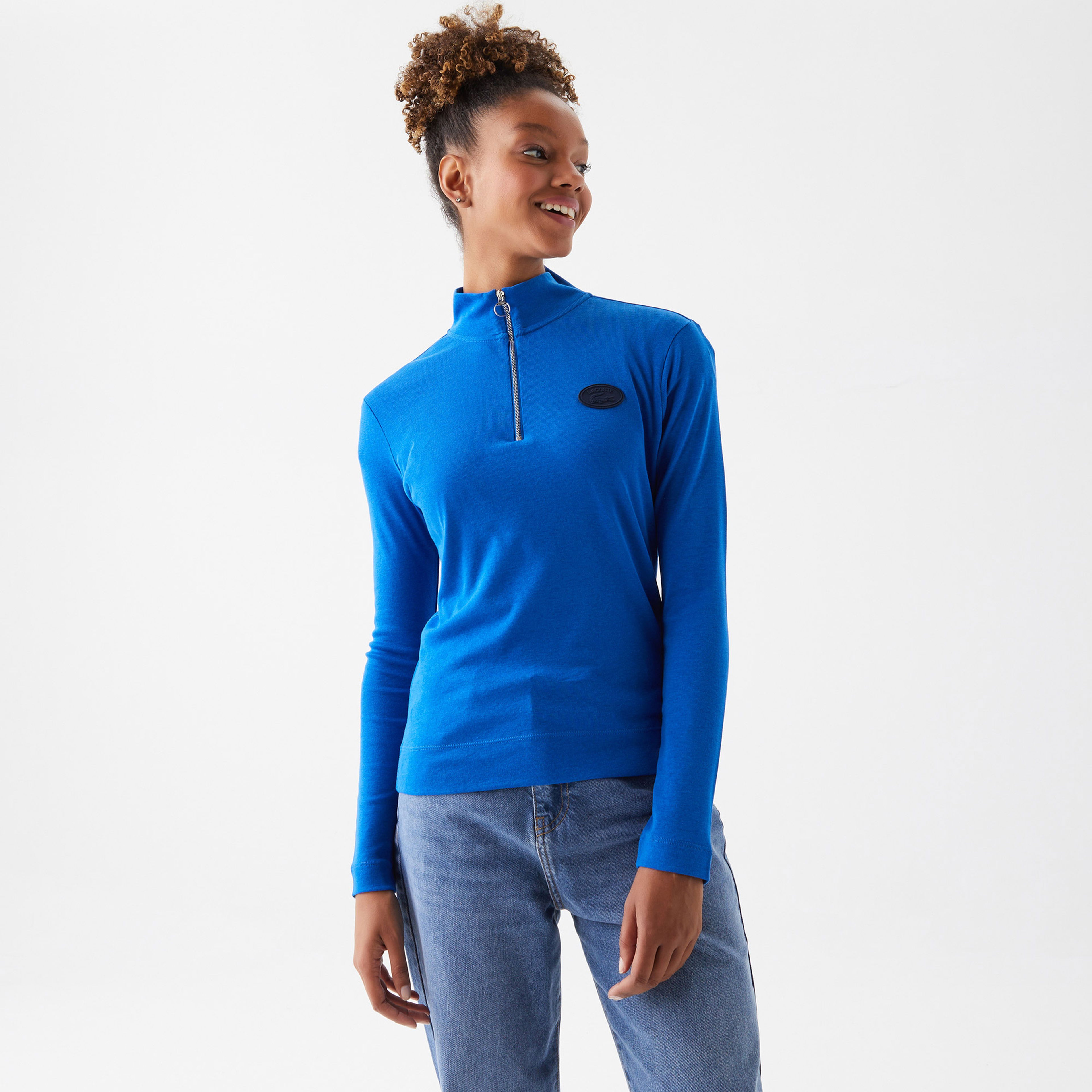 Lacoste Holiday Kadın Slim Fit Uzun Kollu Yarım Fermuarlı Mavi Polo