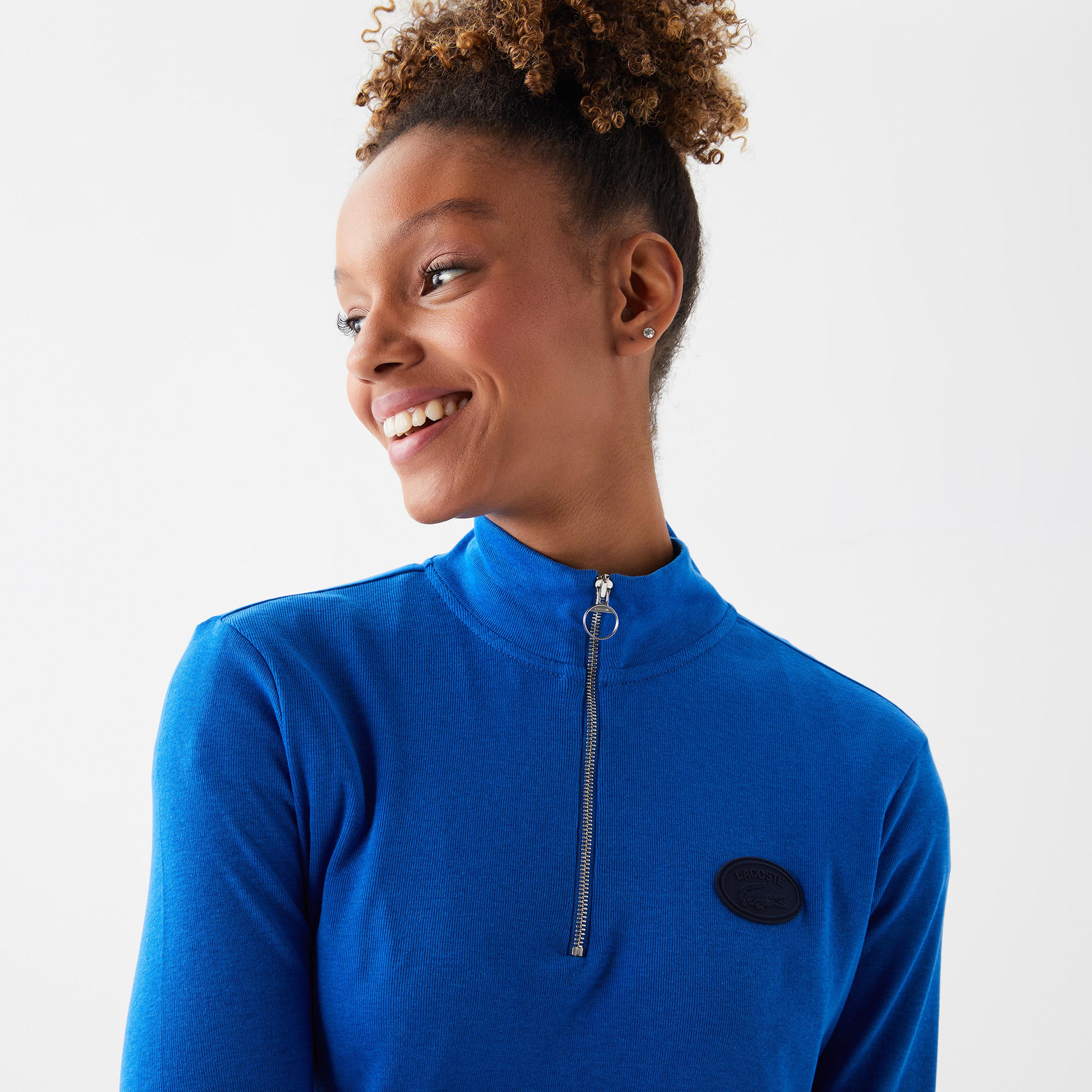 Lacoste Holiday Kadın Slim Fit Uzun Kollu Yarım Fermuarlı Mavi Polo