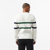 Lacoste Erkek Relaxed Fit Bisiklet Yaka Çizgili Beyaz Kazak