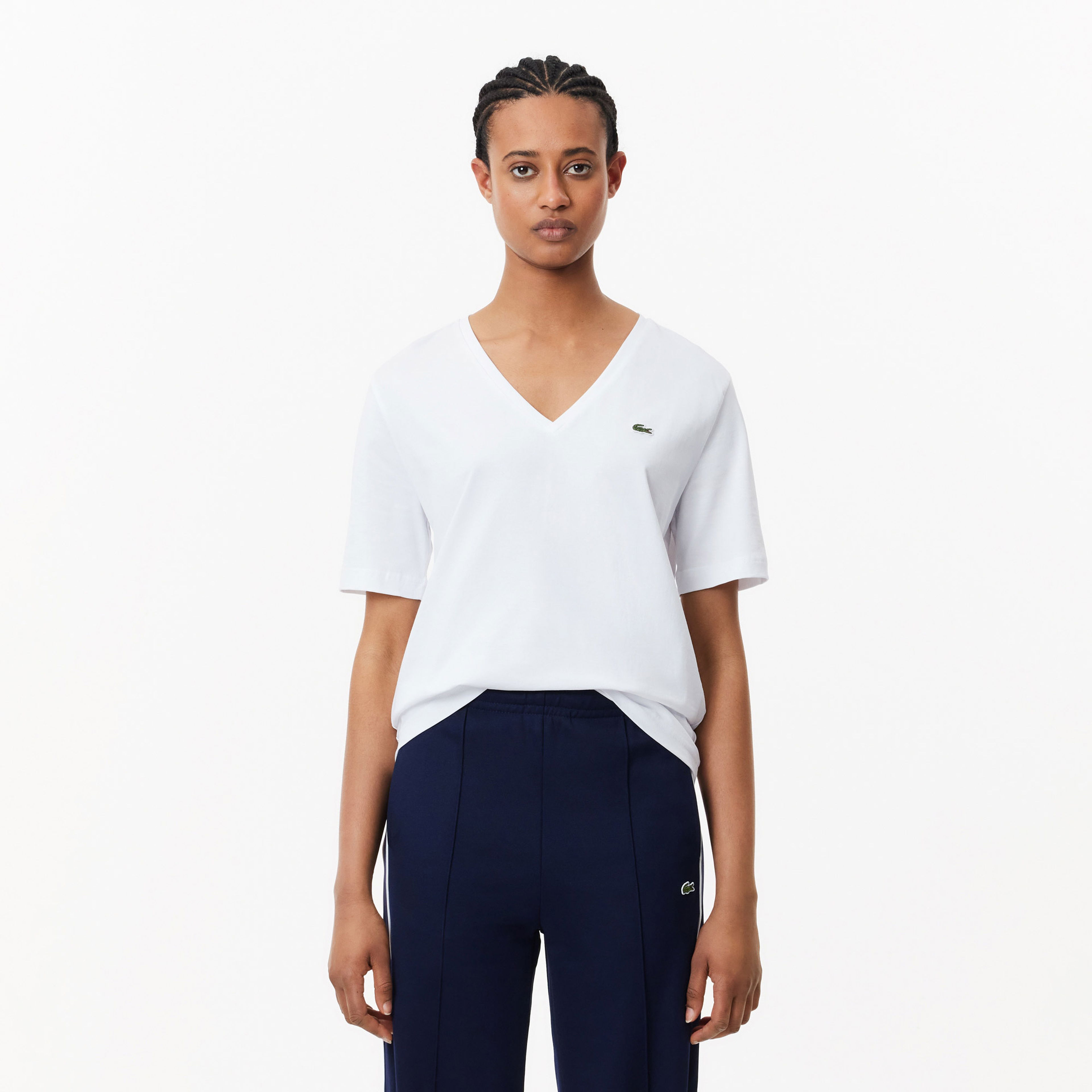 Lacoste Kadın Relaxed Fit V Yaka Beyaz T-Shirt