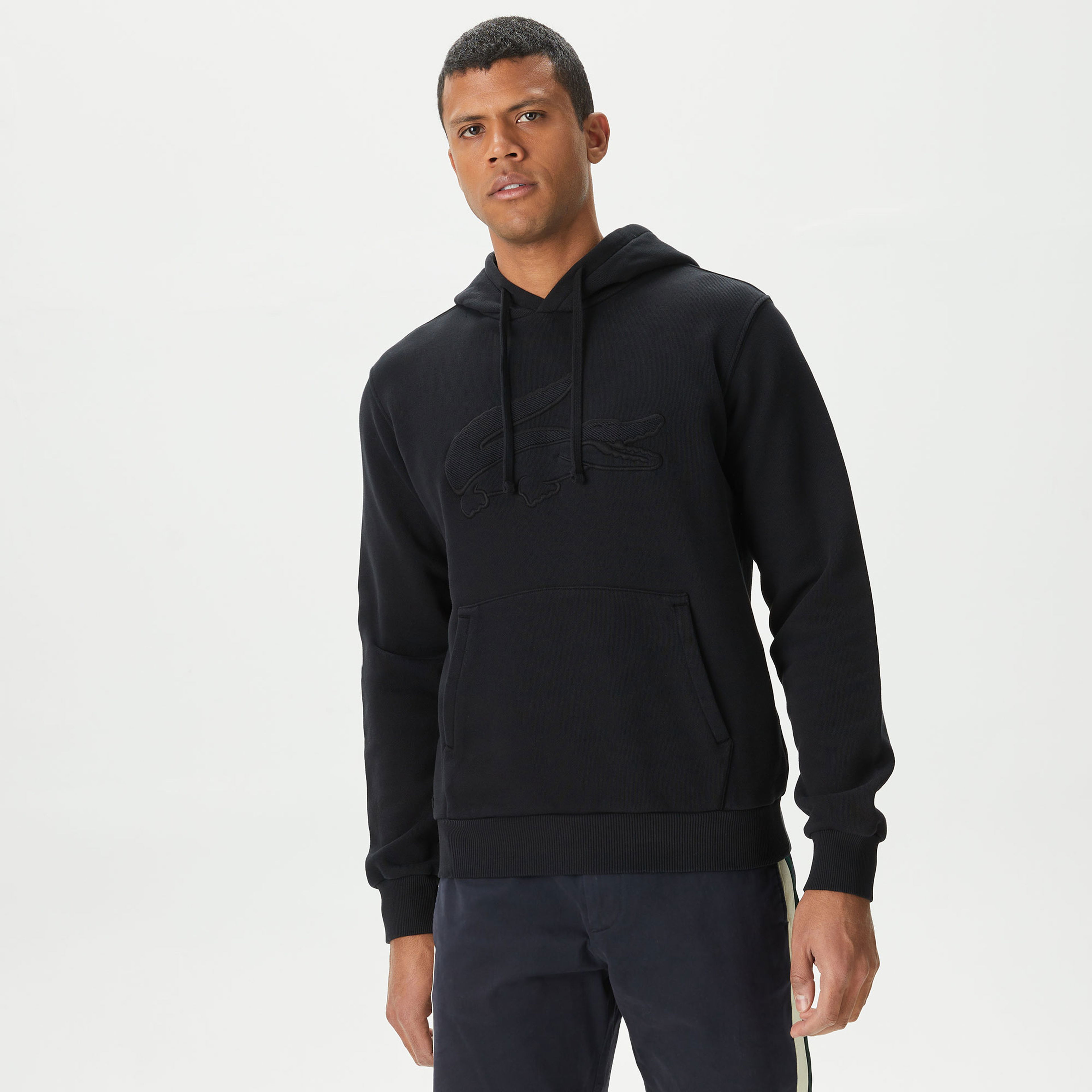 Lacoste Erkek Relaxed Fit Kapüşonlu Baskılı Siyah Sweatshirt