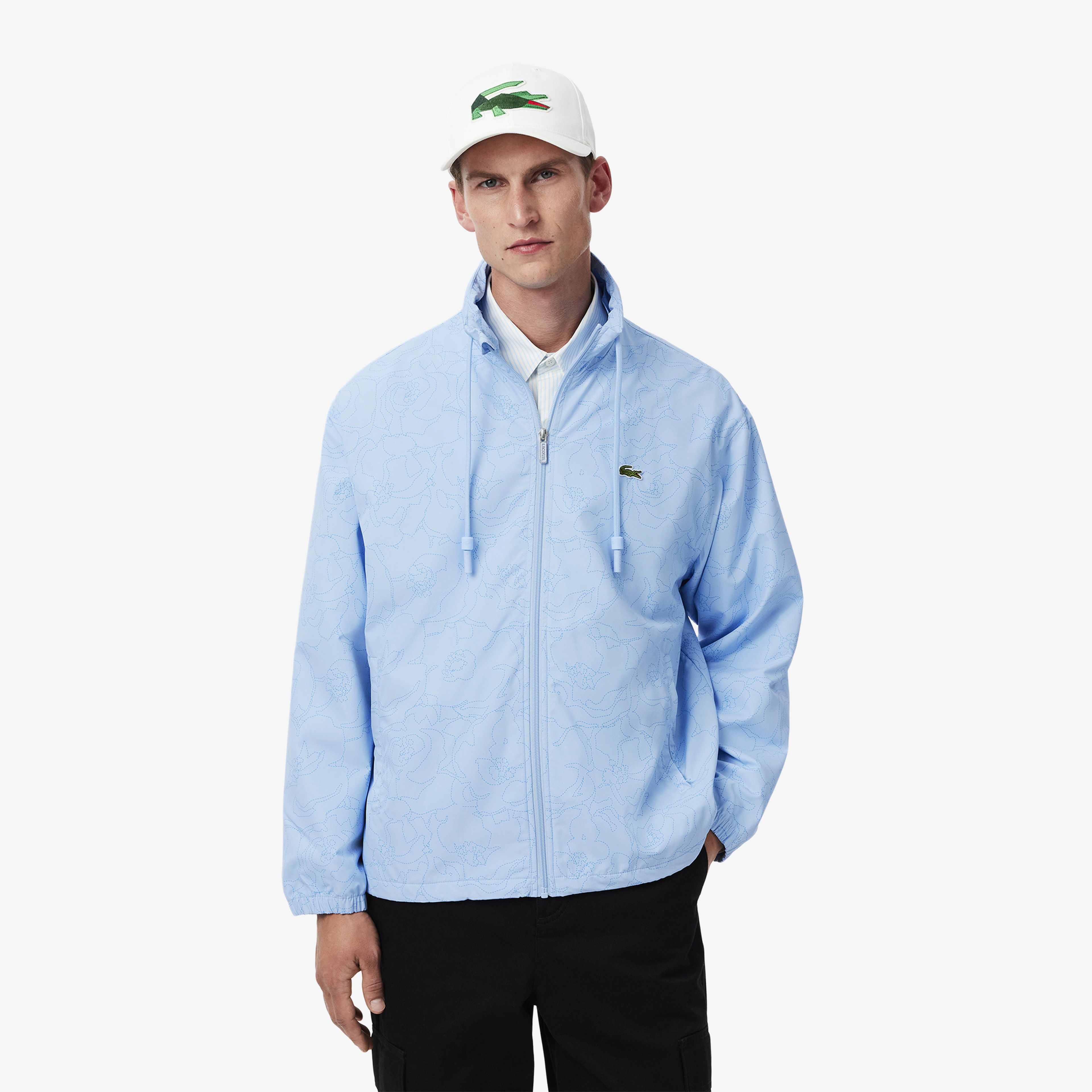 Lacoste Erkek Regular Fit Kapüşonlu Desenli Mavi Rüzgarlık