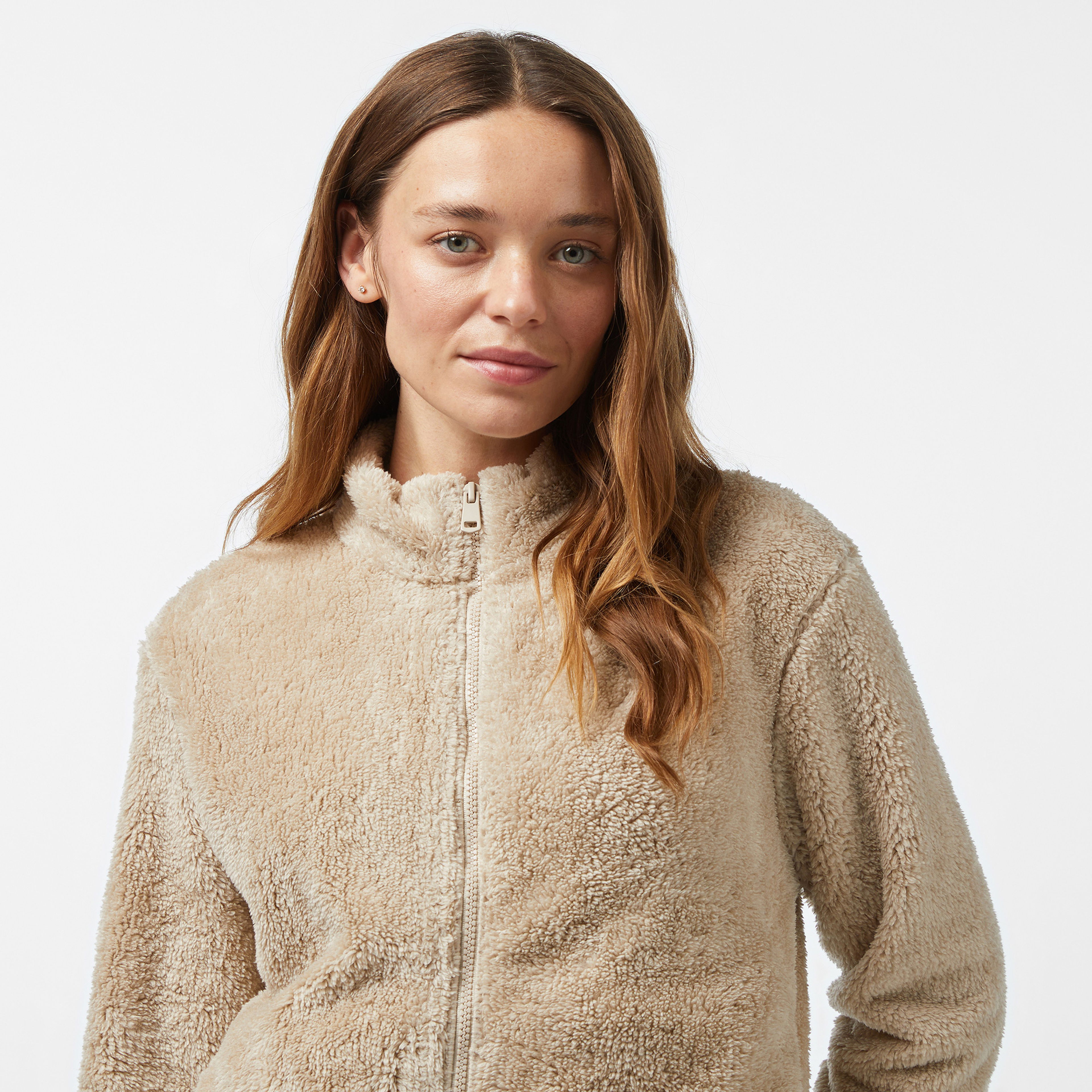 Nautica Kadın Bej Regular Fit Fermuarlı Peluş Sweatshirt