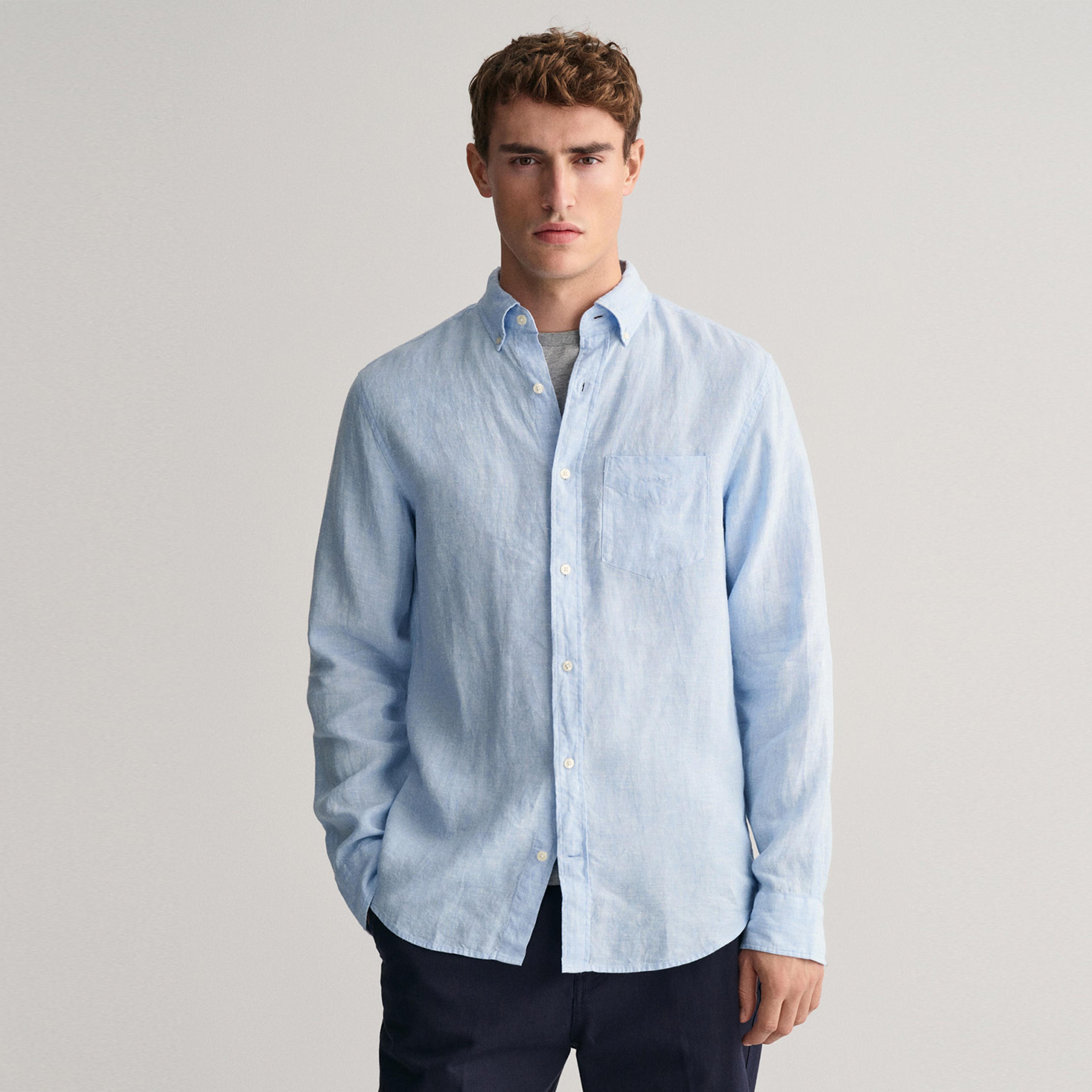 GANT Erkek Mavi Regular Fit Düğmeli Yaka Keten Gömlek