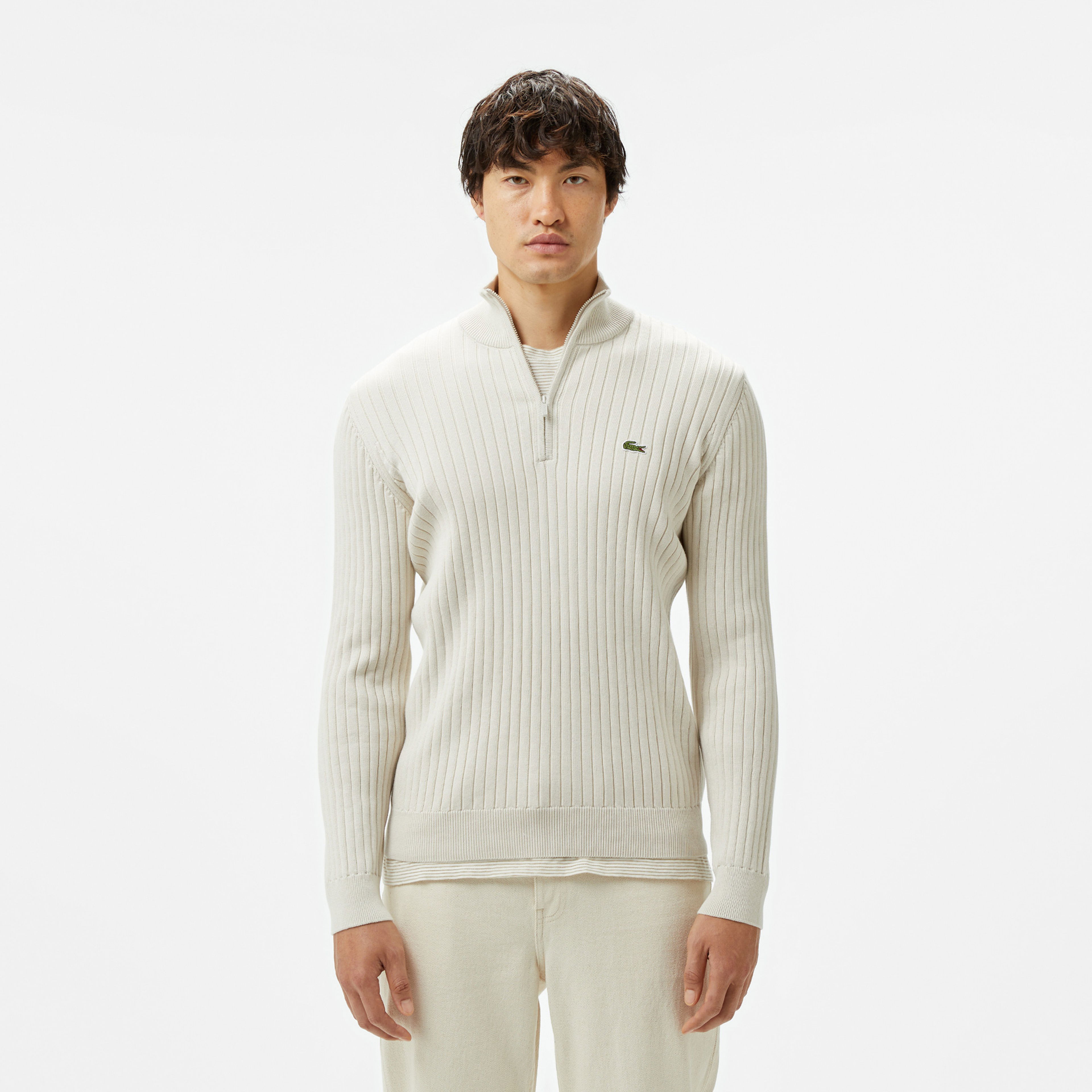Lacoste Erkek Relaxed Fit Yarım Fermuarlı Çizgili Krem Triko