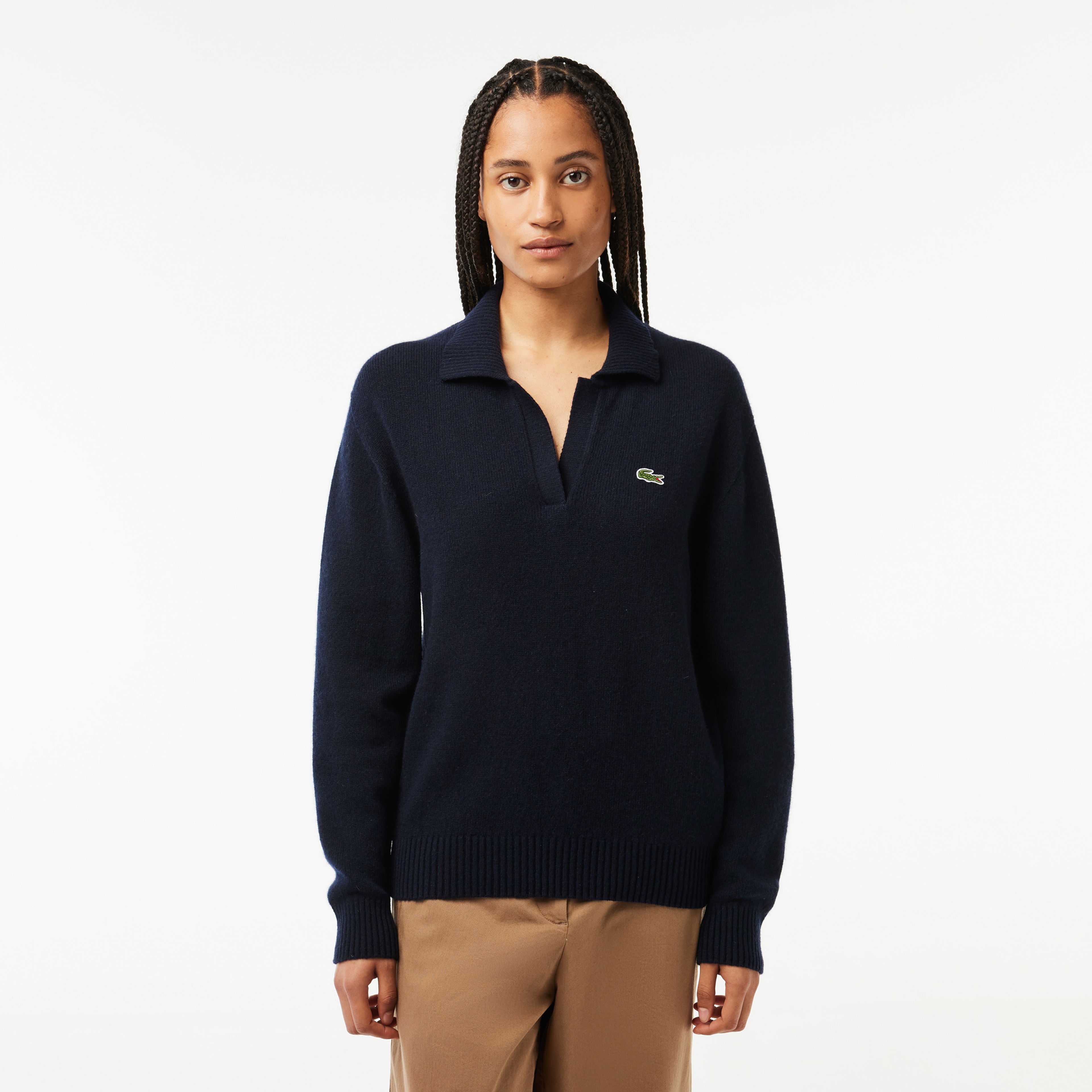 Lacoste Kaşmir Kadın Polo Yaka Kaşmir Lacivert Kazak
