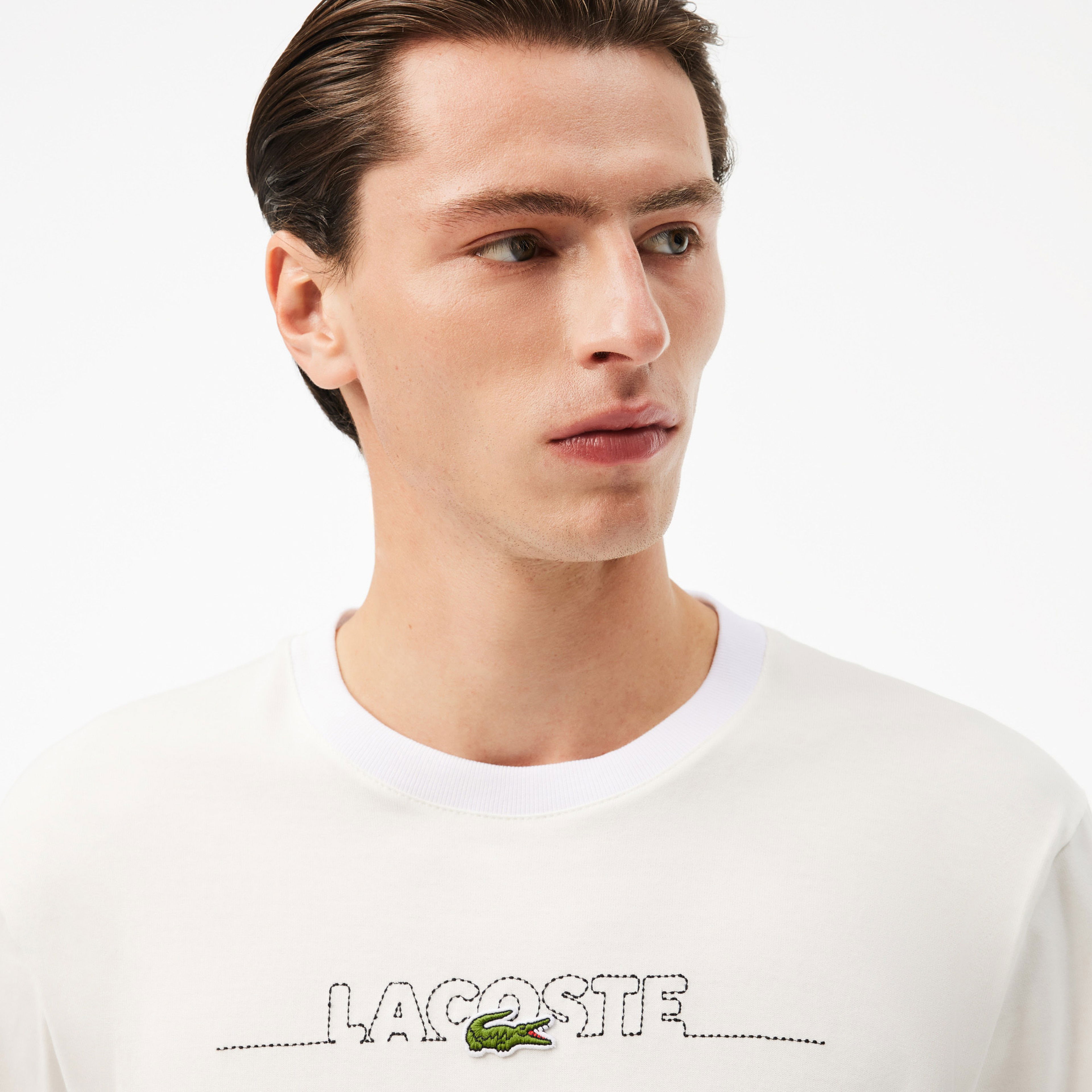 Lacoste Erkek Classic Fit Bisiklet Yaka Baskılı Beyaz T-Shirt