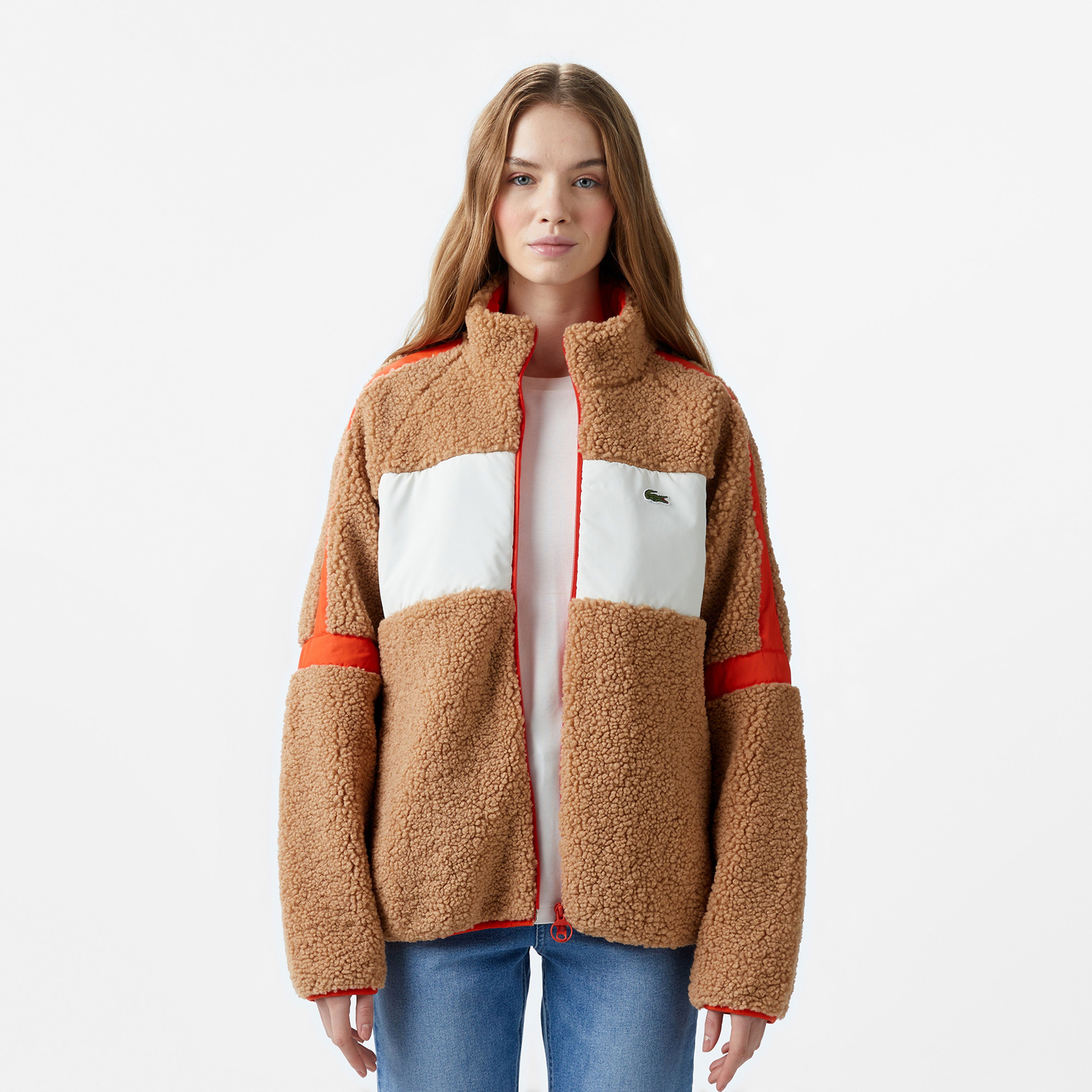 Lacoste Kadın Dik Yaka Renk Bloklu Kahverengi Mont