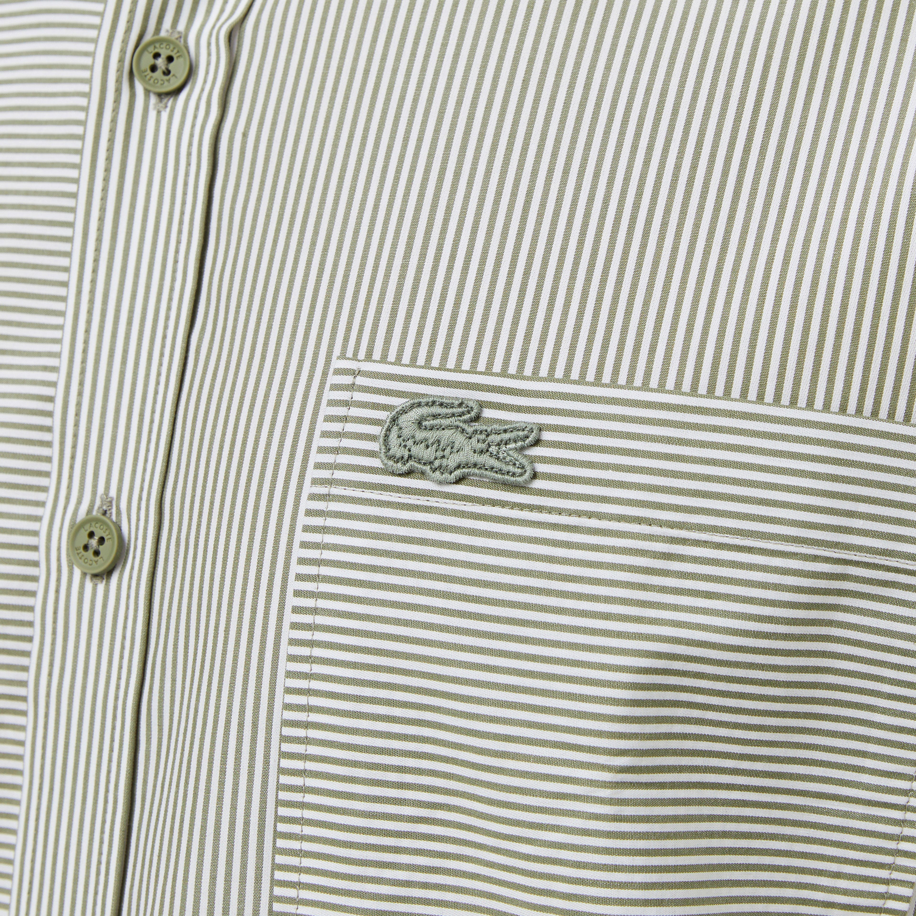 Lacoste Erkek Relaxed Fit Düğmeli Yaka Çizgili Haki Gömlek
