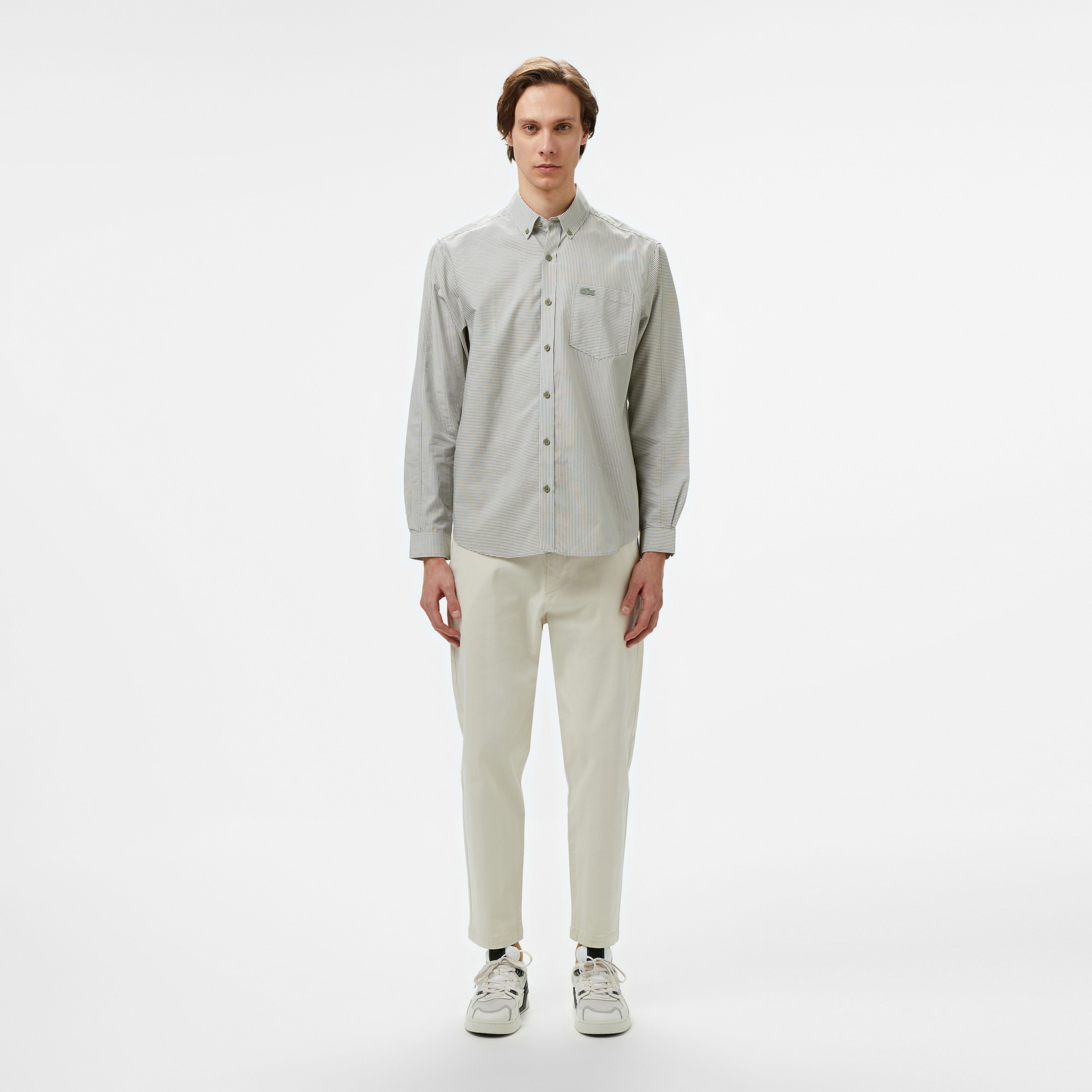 Lacoste Erkek Relaxed Fit Düğmeli Yaka Çizgili Haki Gömlek
