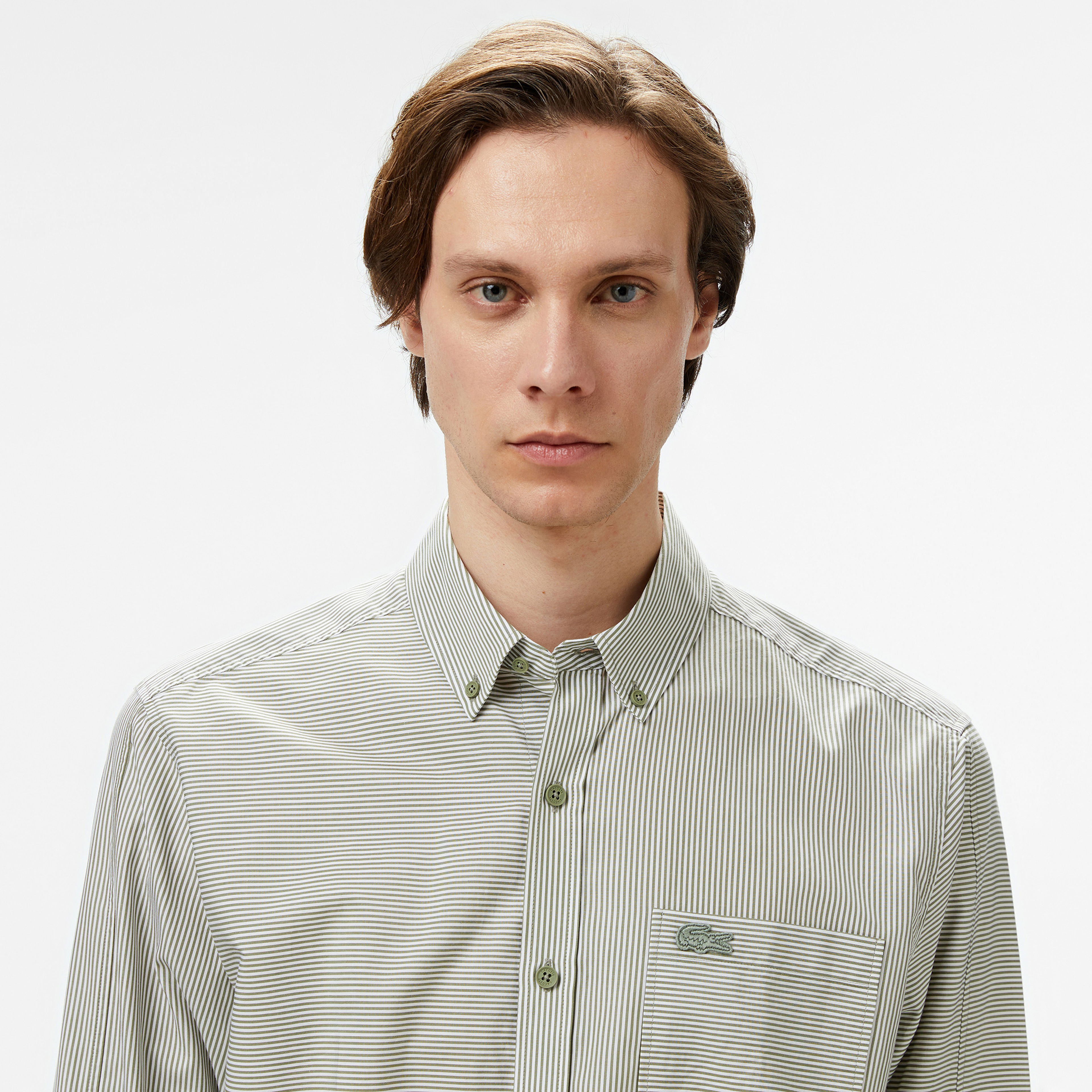 Lacoste Erkek Relaxed Fit Düğmeli Yaka Çizgili Haki Gömlek