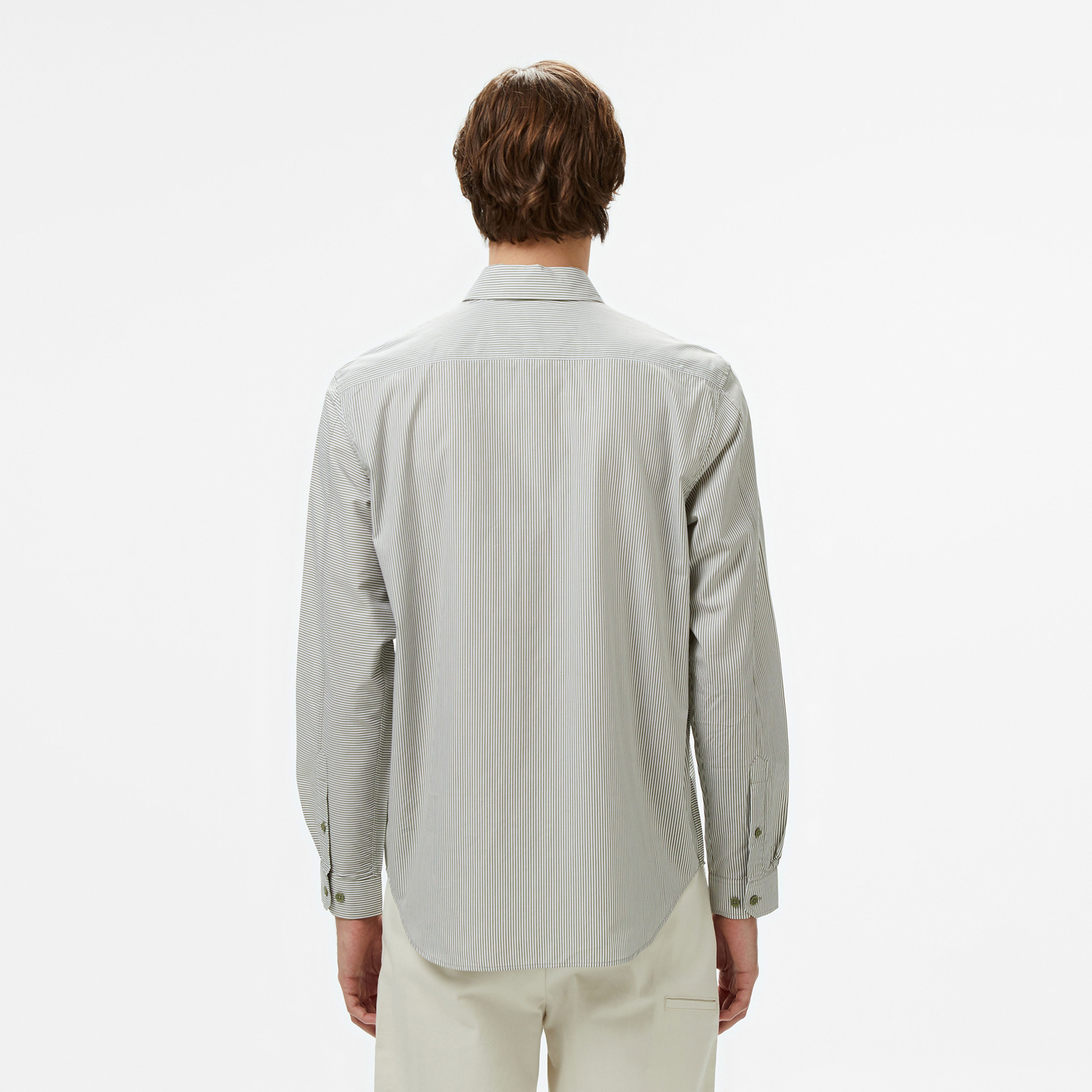 Lacoste Erkek Relaxed Fit Düğmeli Yaka Çizgili Haki Gömlek