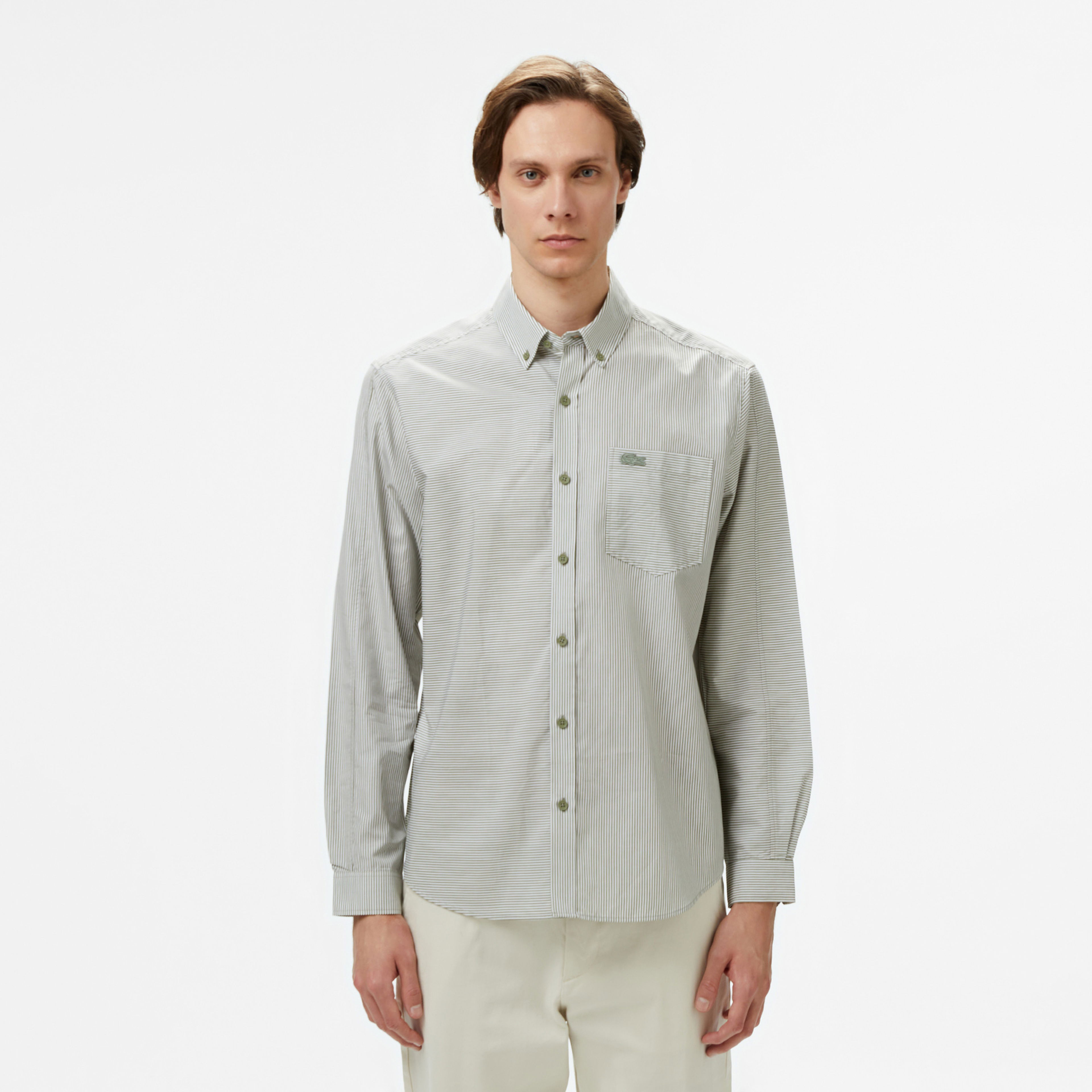 Lacoste Erkek Relaxed Fit Düğmeli Yaka Çizgili Haki Gömlek