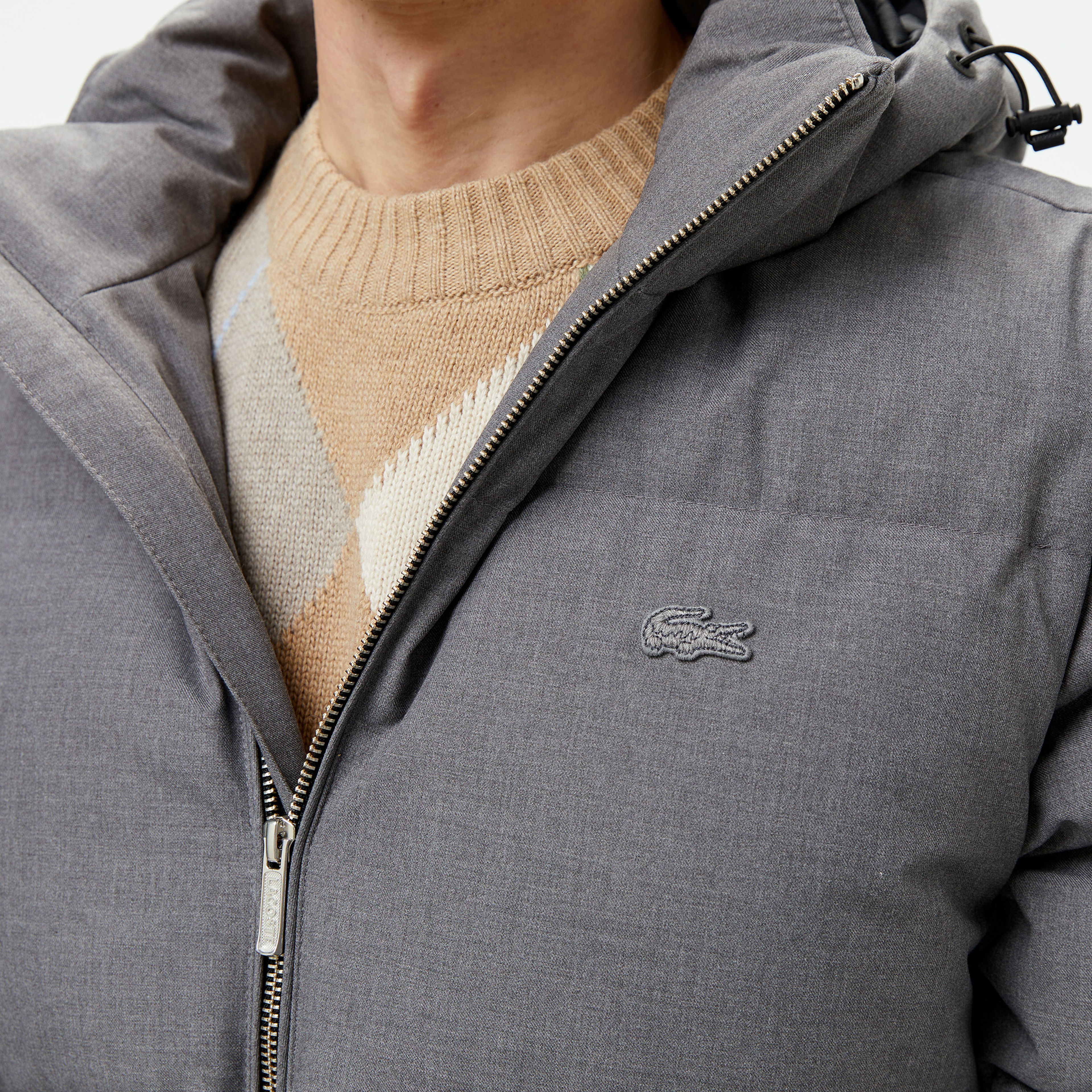 Lacoste Erkek Kapüşonlu Gri Şişme Mont