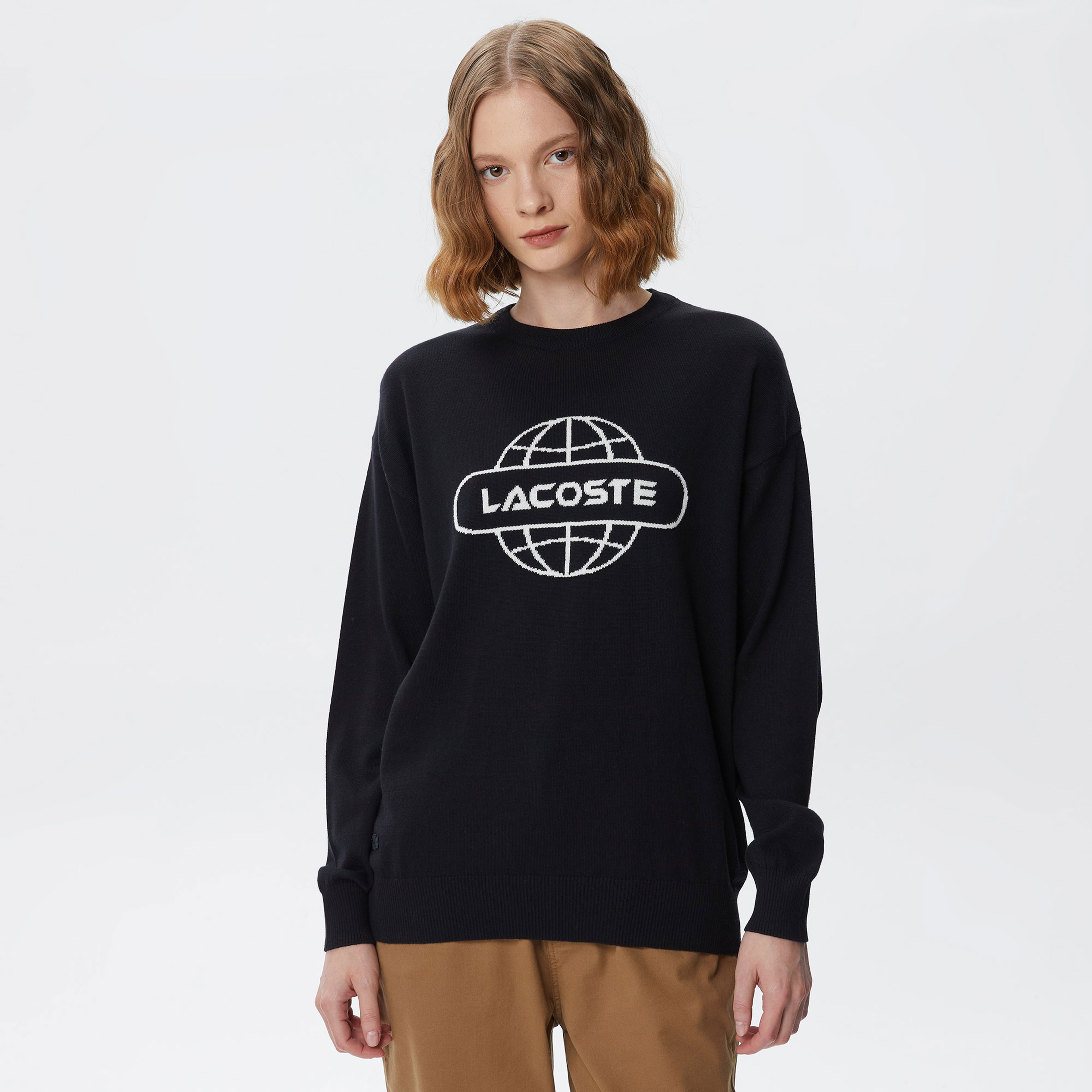 Lacoste Kadın Regular Fit Bisiklet Yaka Baskılı Siyah Kazak