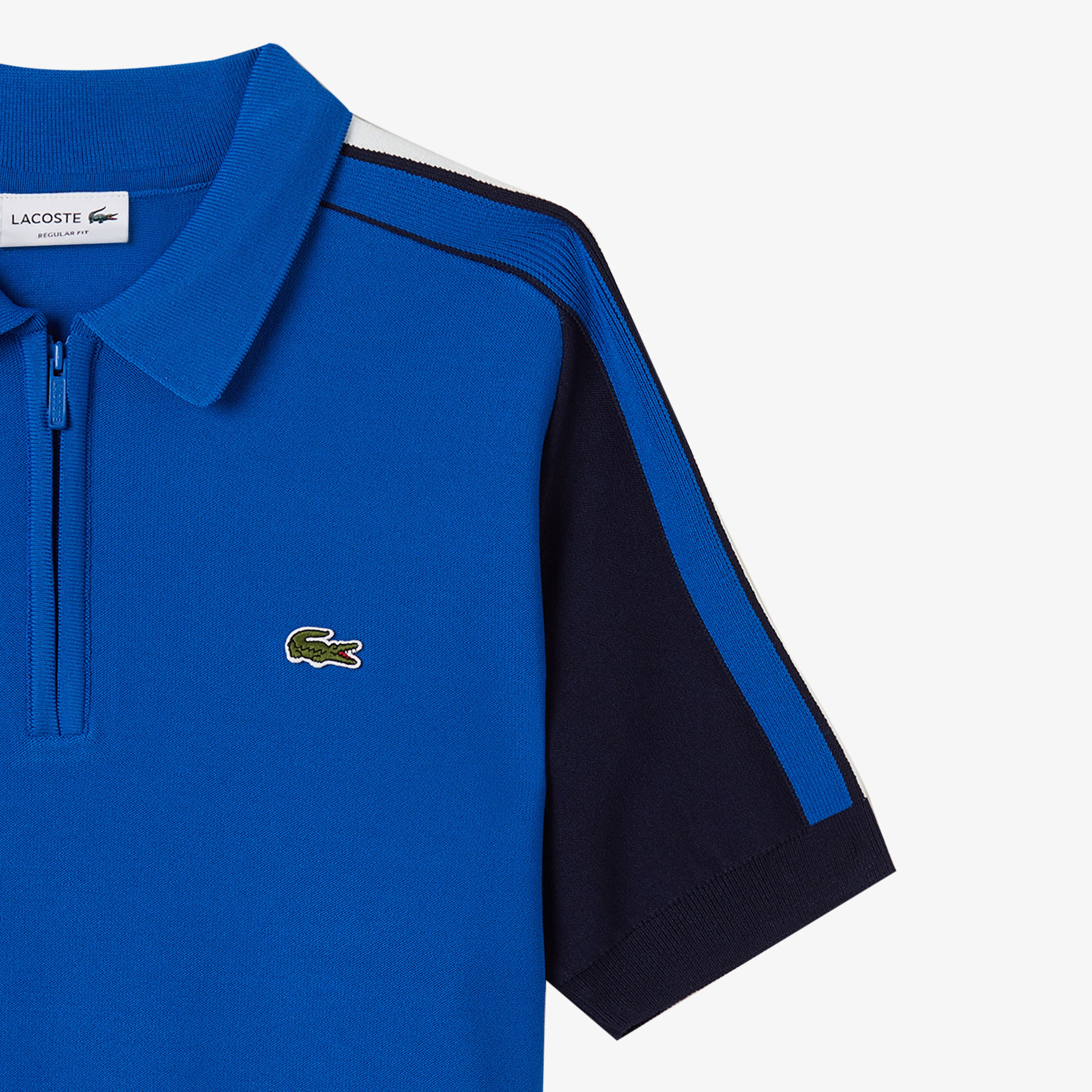 Lacoste Erkek Kısa Kollu Yarım Fermuarlı Renk Bloklu Mavi Triko