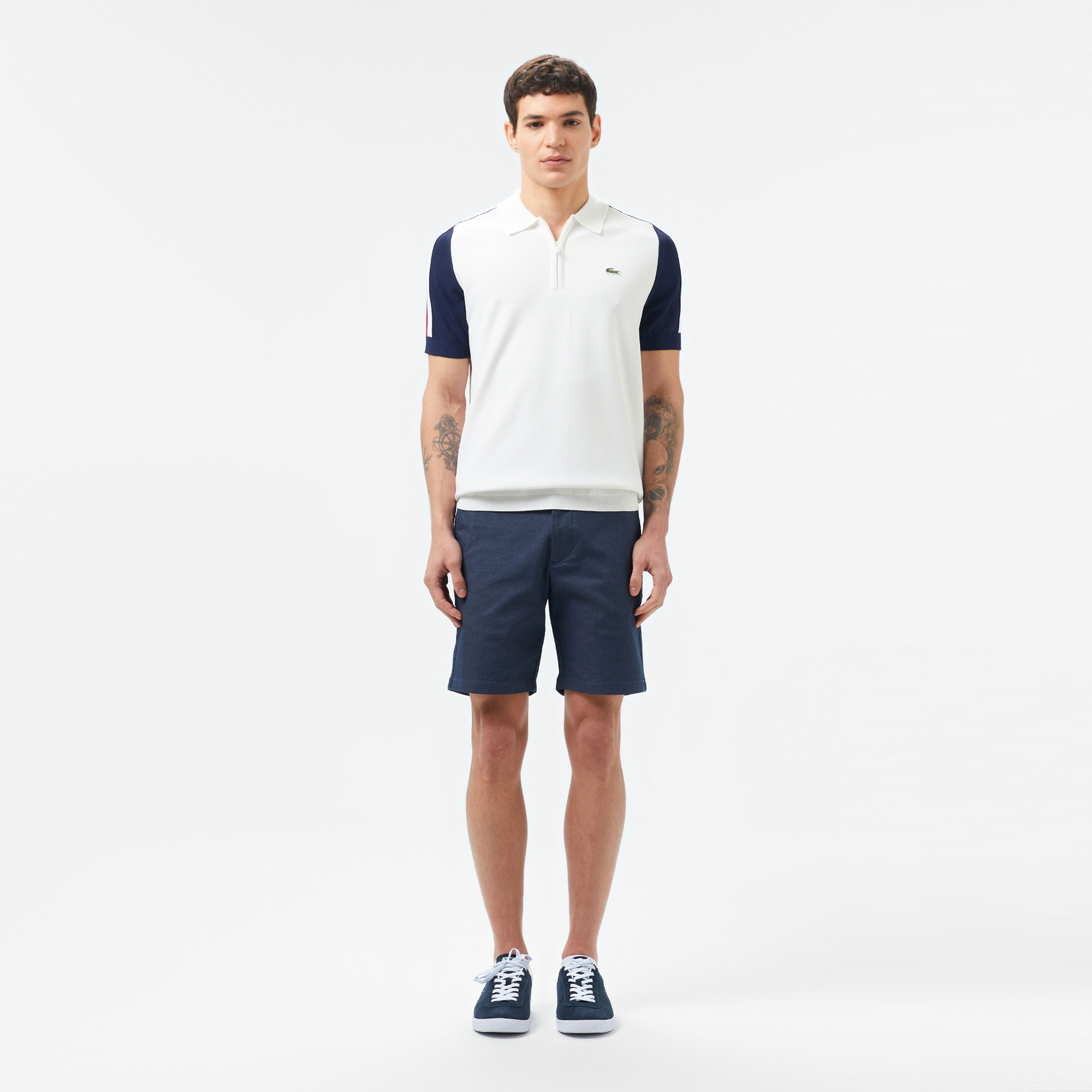 Lacoste Erkek Kısa Kollu Yarım Fermuarlı Renk Bloklu Beyaz Triko