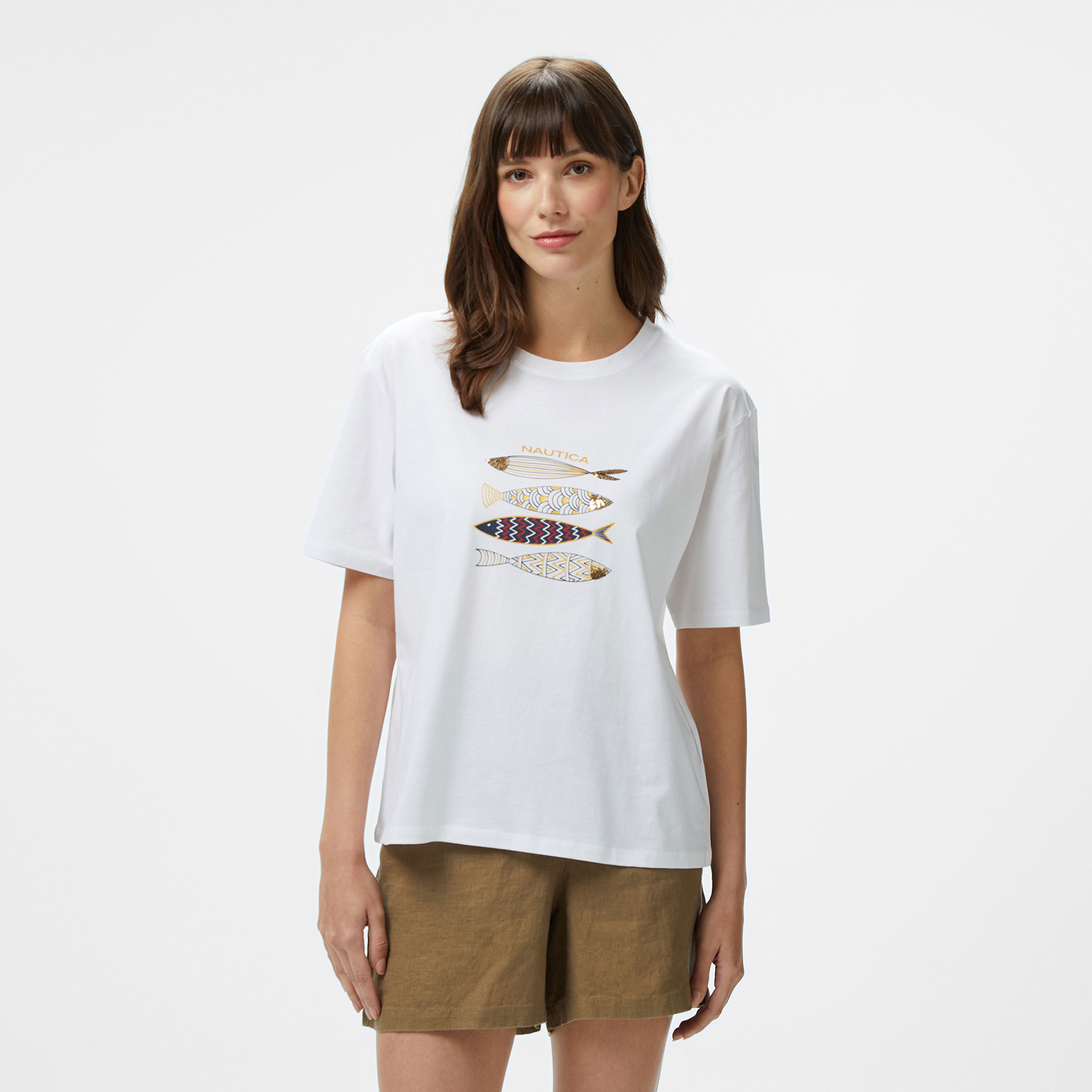 Nautica Kadın Beyaz Regular Fit Nakışlı T-Shirt