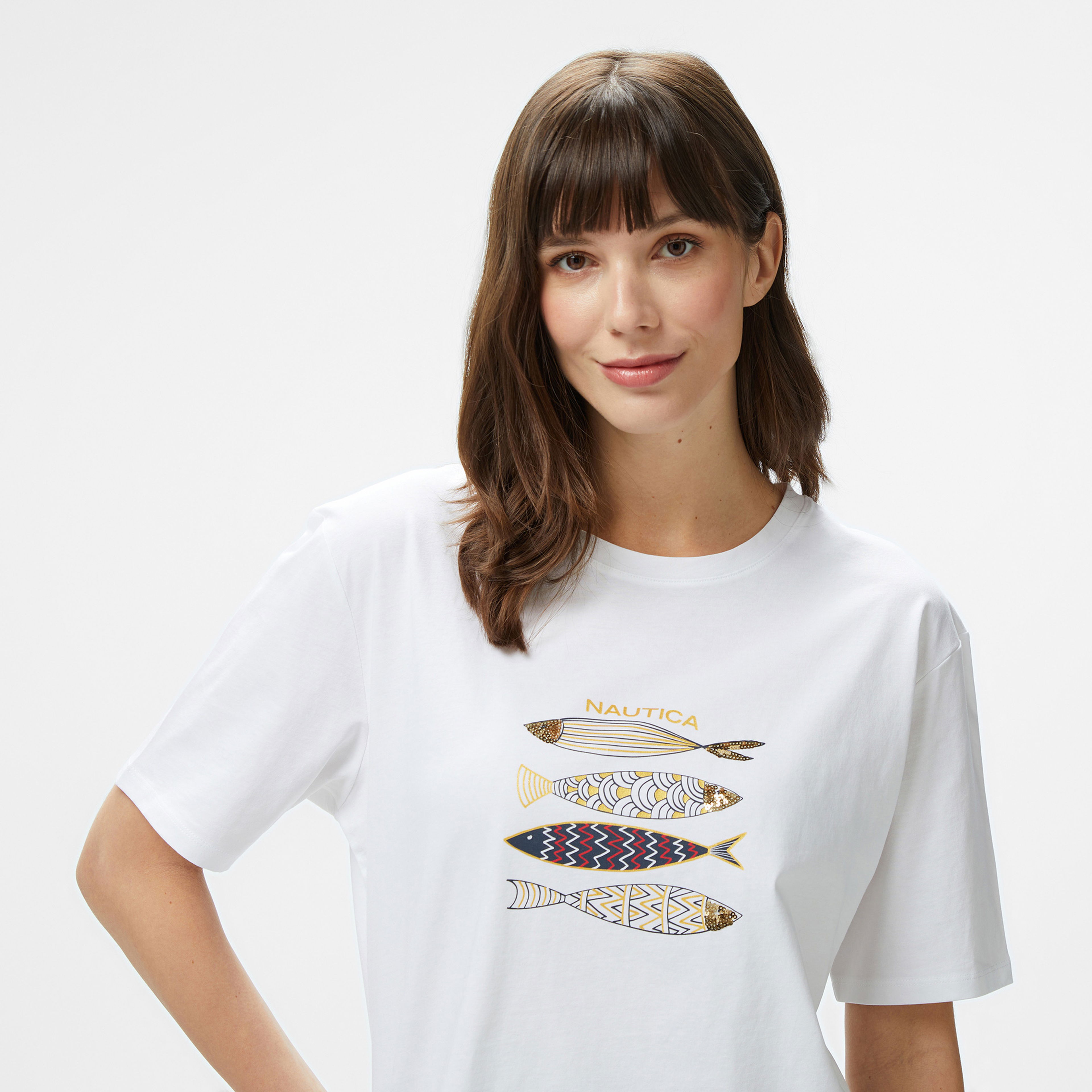 Nautica Kadın Beyaz Regular Fit Nakışlı T-Shirt