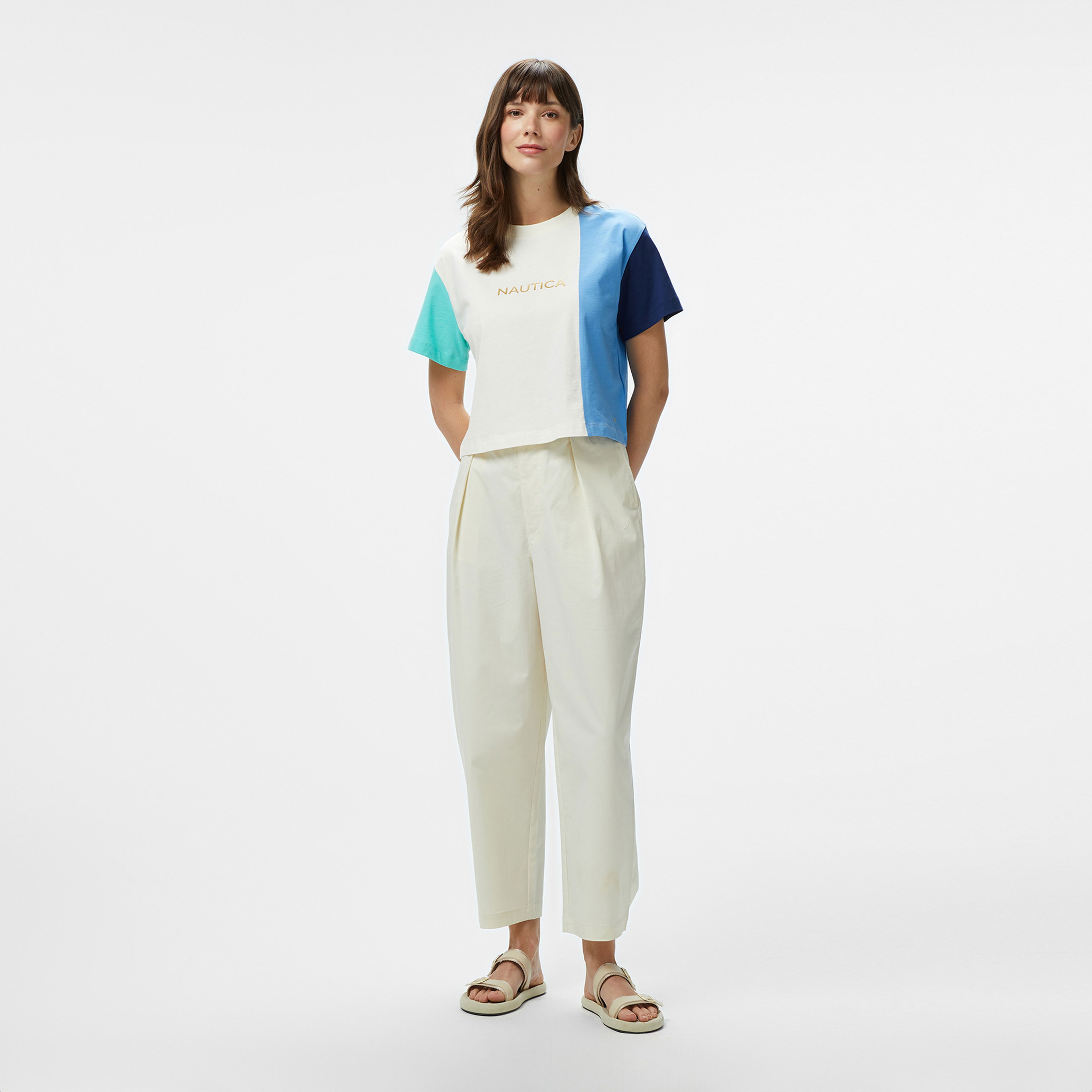 Nautica Kadın Mavi Regular Fit Renk Bloklu T-Shirt