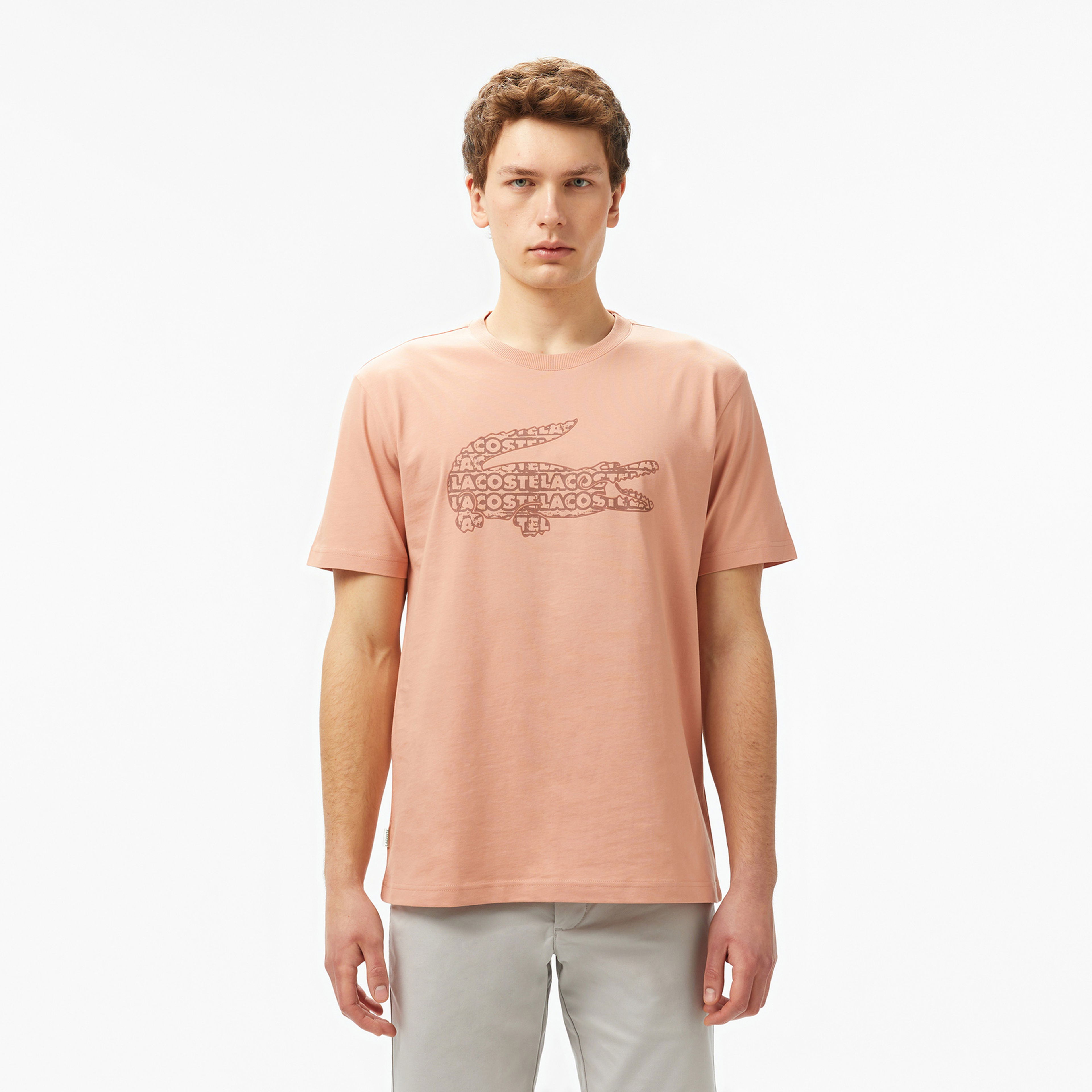 Lacoste Erkek Regular Fit Bisiklet Yaka Baskılı Açık Kahverengi T-Shirt