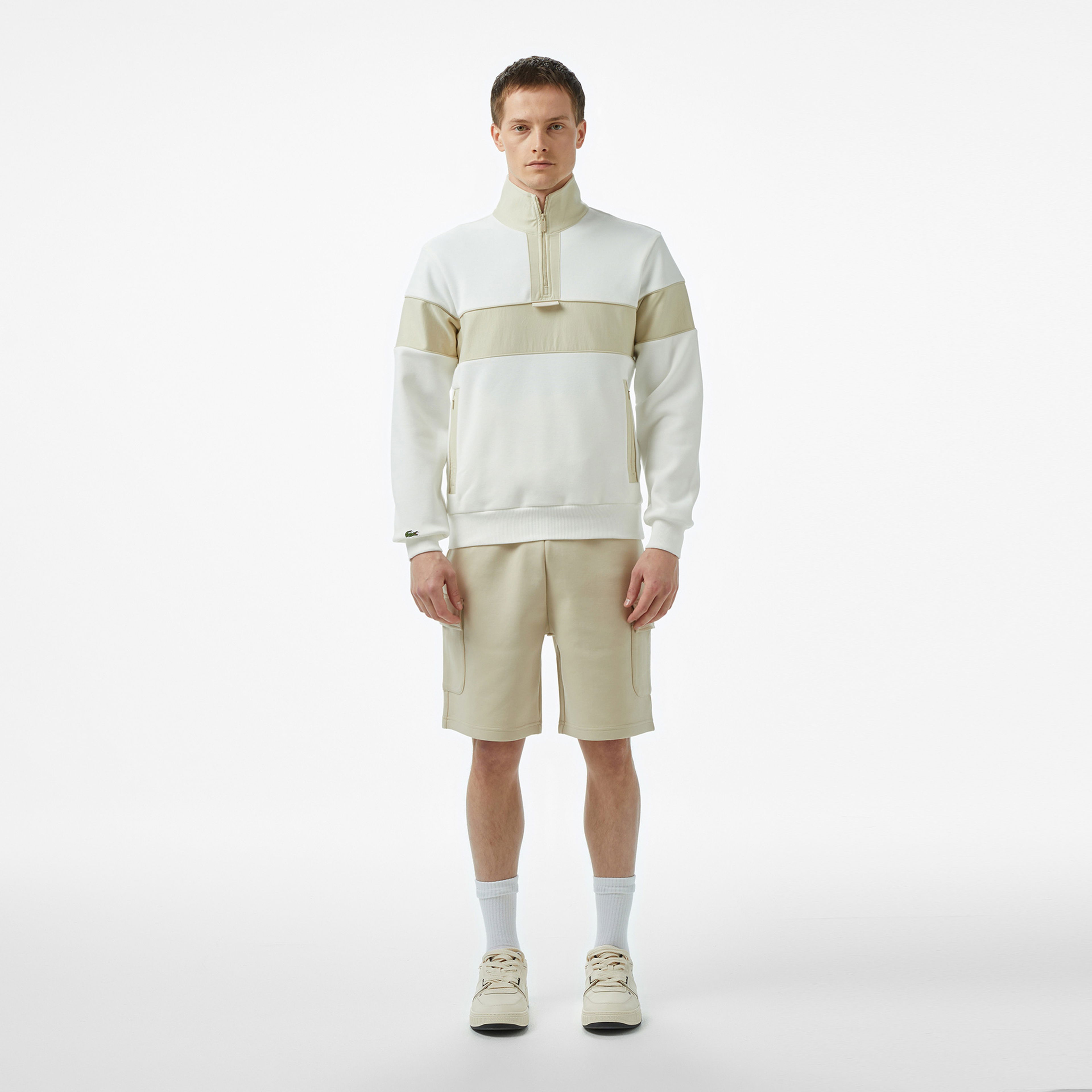 Lacoste Erkek Classic Fit Yarım Fermuarlı Renk Bloklu Beyaz Sweatshirt