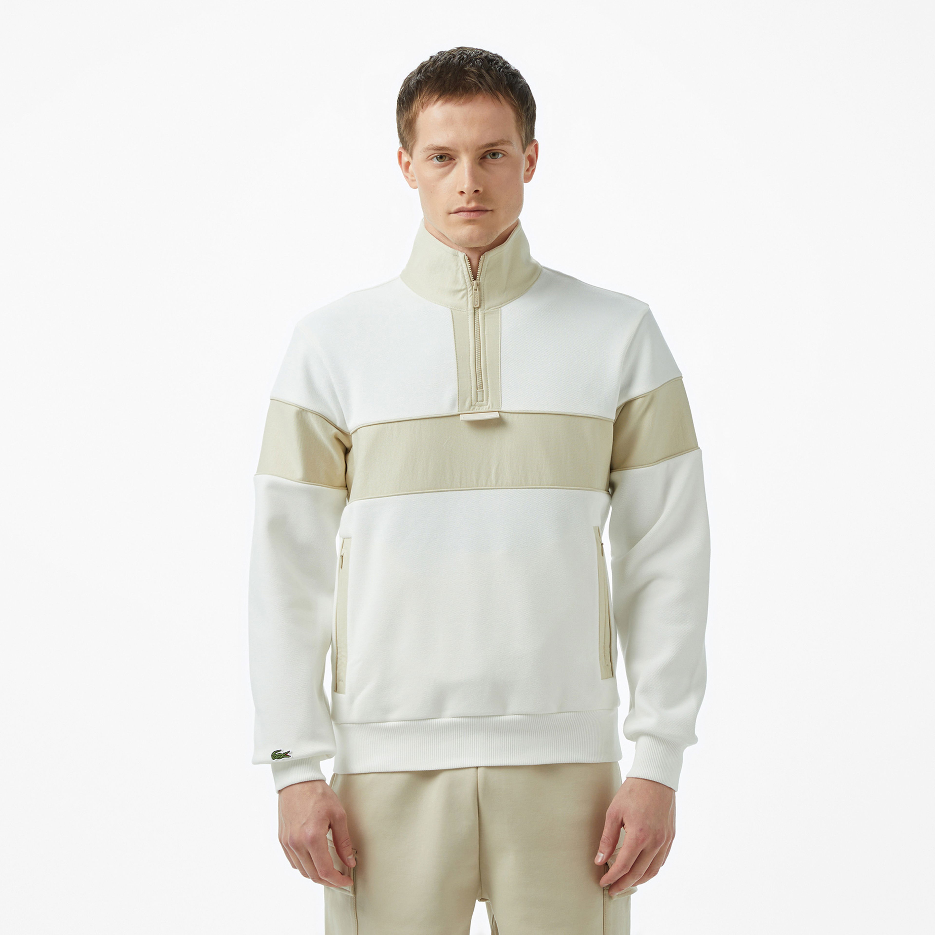 Lacoste Erkek Classic Fit Yarım Fermuarlı Renk Bloklu Beyaz Sweatshirt