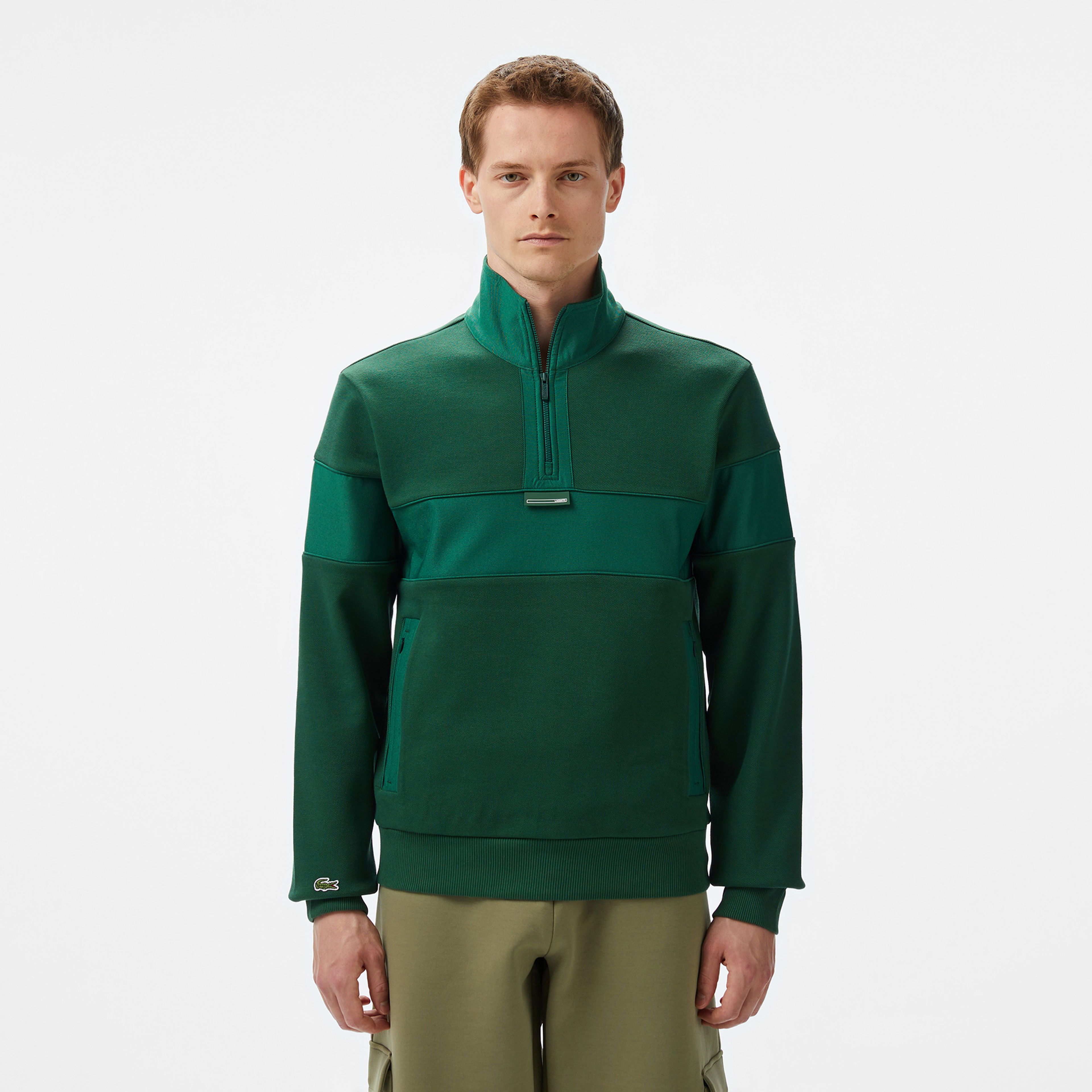 Lacoste Erkek Classic Fit Yarım Fermuarlı Renk Bloklu Koyu Yeşil Sweatshirt